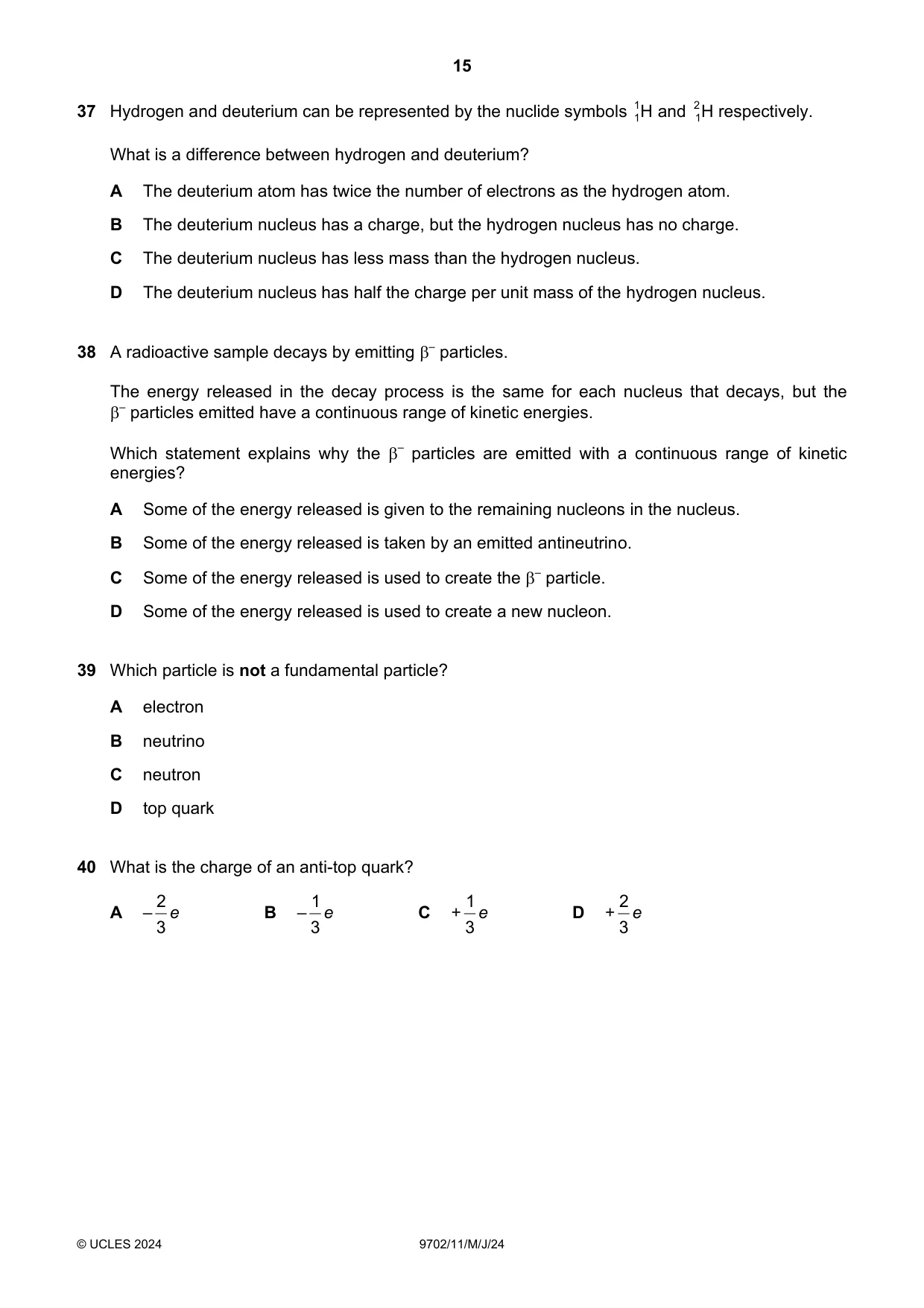 Cambridge A Level Physics 9702 2024 May/June Paper 1 · Variant 1 question paper, page 15 of 16