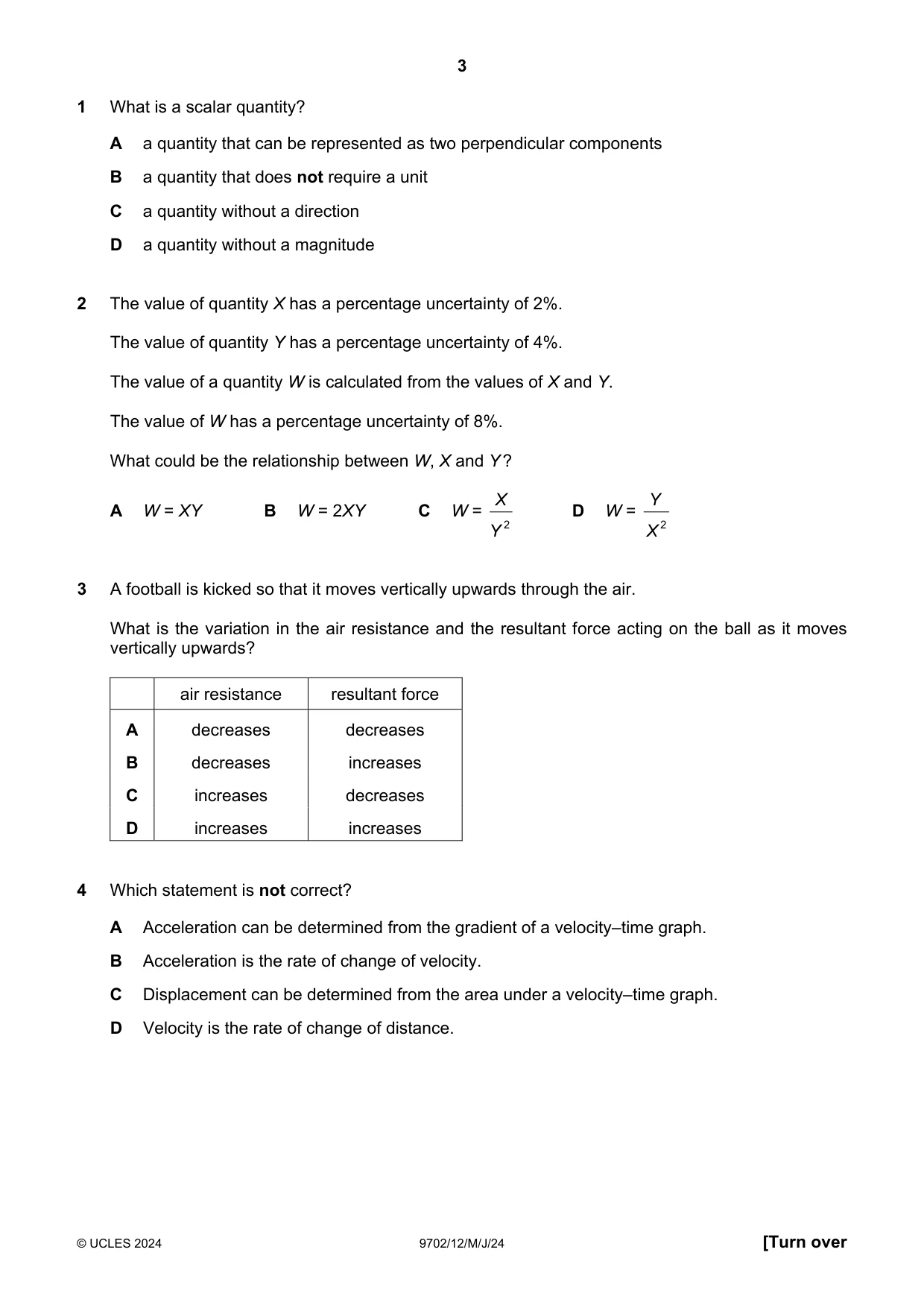 Cambridge A Level Physics 9702 2024 May/June Paper 1 · Variant 2 question paper, page 3 of 16