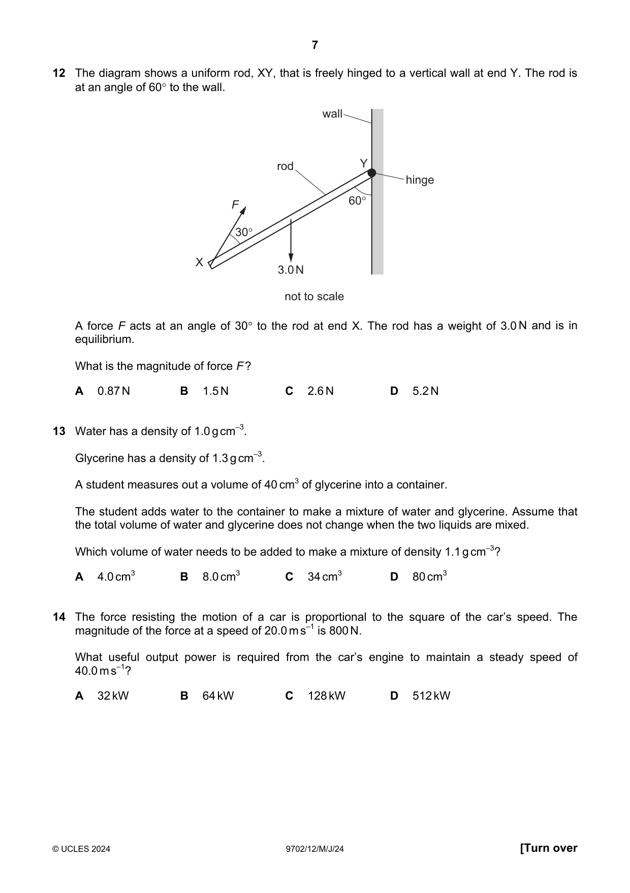 Cambridge A Level Physics 9702 2024 May/June Paper 1 · Variant 2 question paper, page 7 of 16