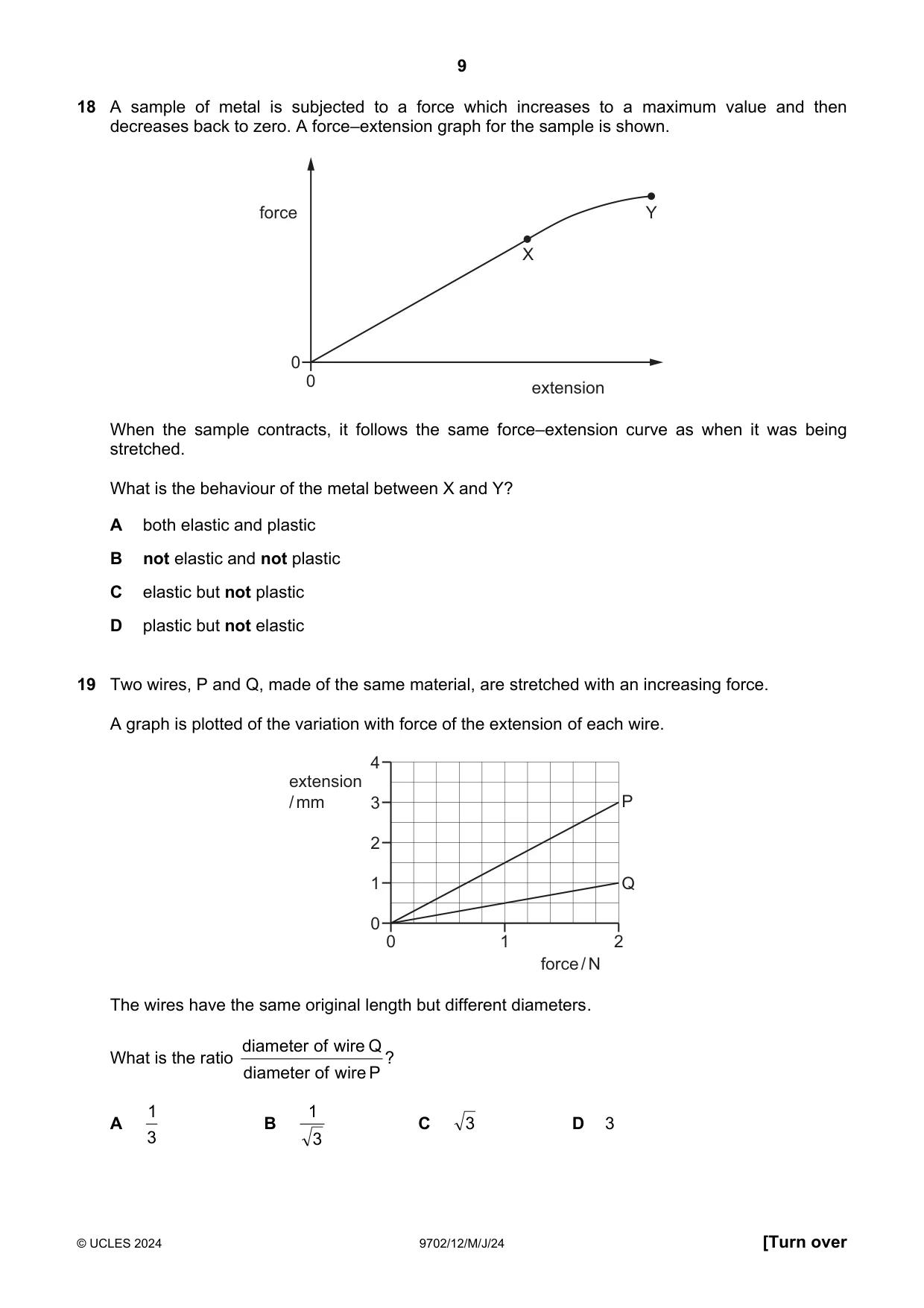 Cambridge A Level Physics 9702 2024 May/June Paper 1 · Variant 2 question paper, page 9 of 16