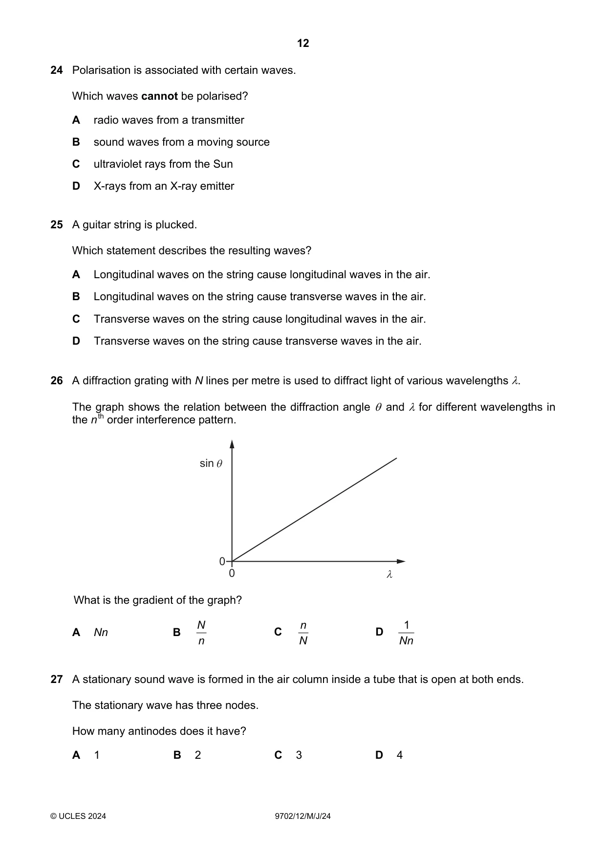 Cambridge A Level Physics 9702 2024 May/June Paper 1 · Variant 2 question paper, page 12 of 16