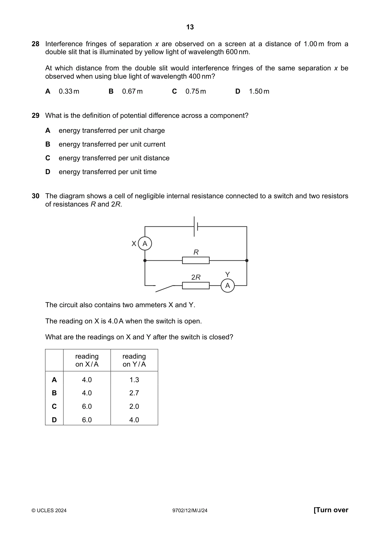 Cambridge A Level Physics 9702 2024 May/June Paper 1 · Variant 2 question paper, page 13 of 16