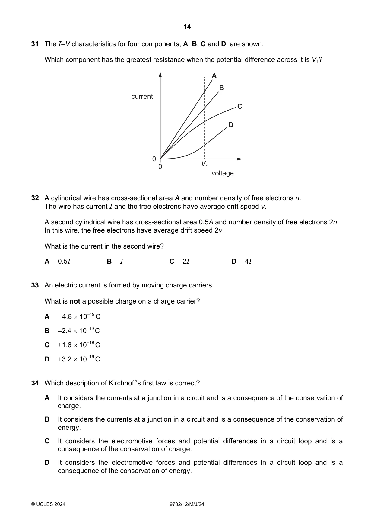 Cambridge A Level Physics 9702 2024 May/June Paper 1 · Variant 2 question paper, page 14 of 16