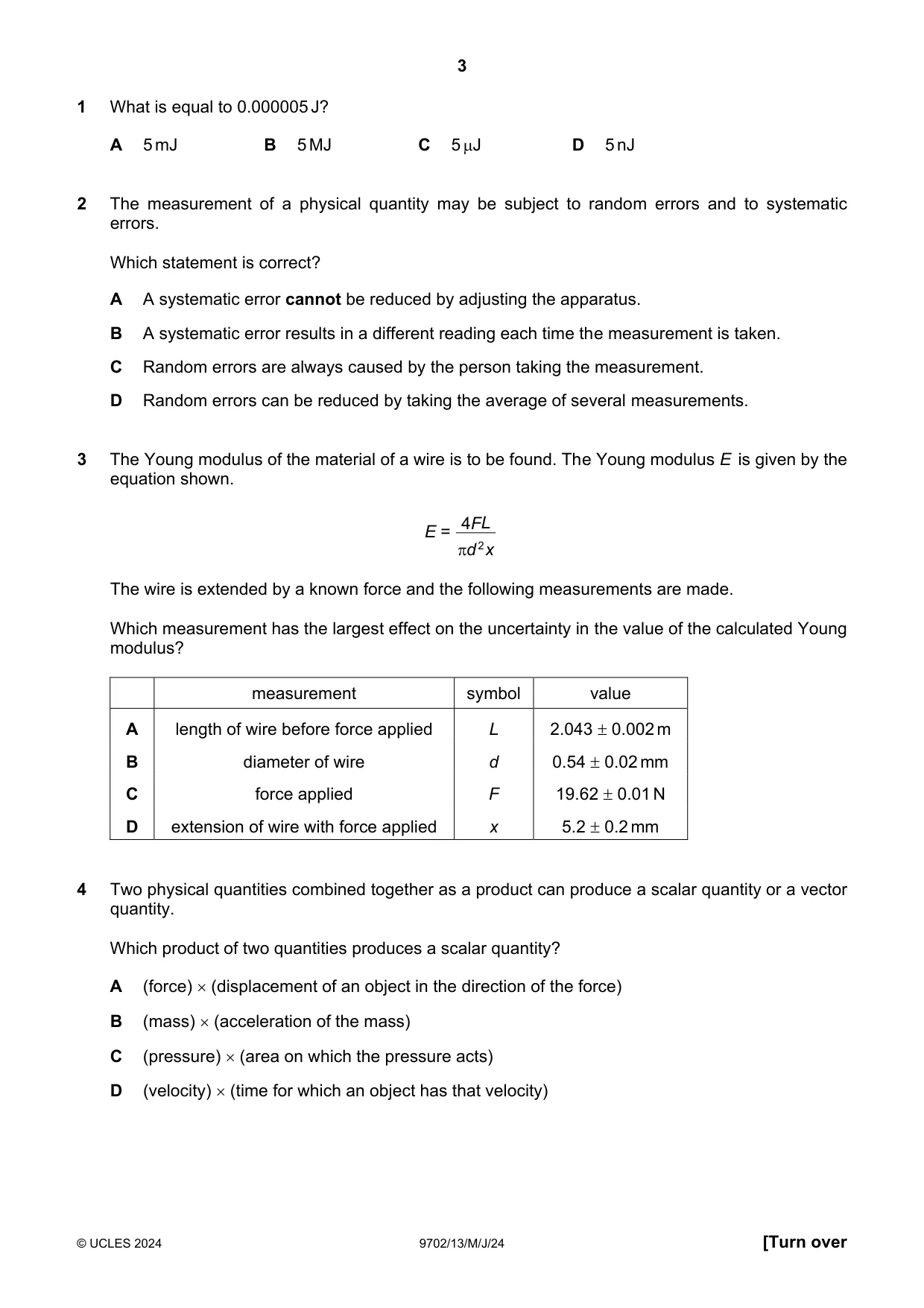 Cambridge A Level Physics 9702 2024 May/June Paper 1 · Variant 3 question paper, page 3 of 20