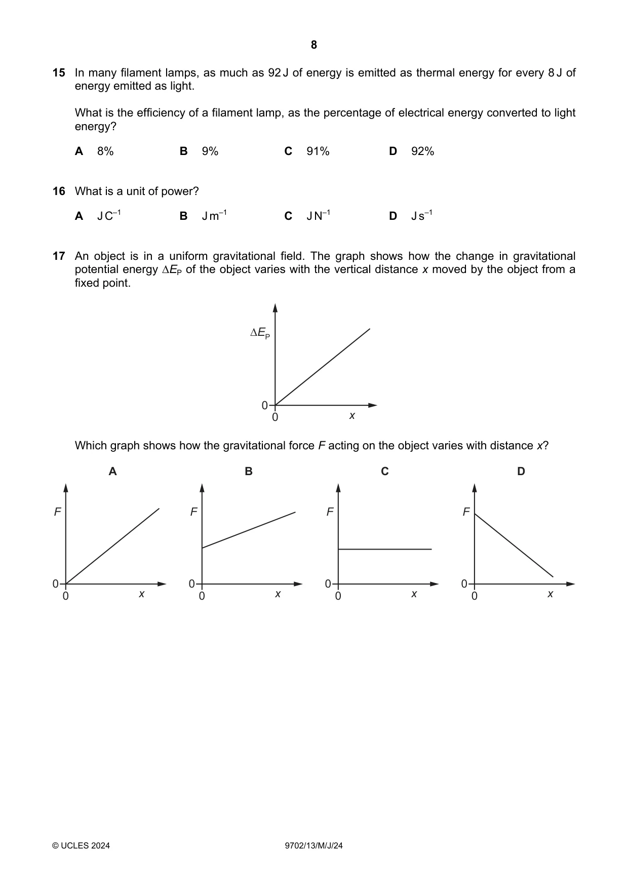 Cambridge A Level Physics 9702 2024 May/June Paper 1 · Variant 3 question paper, page 8 of 20