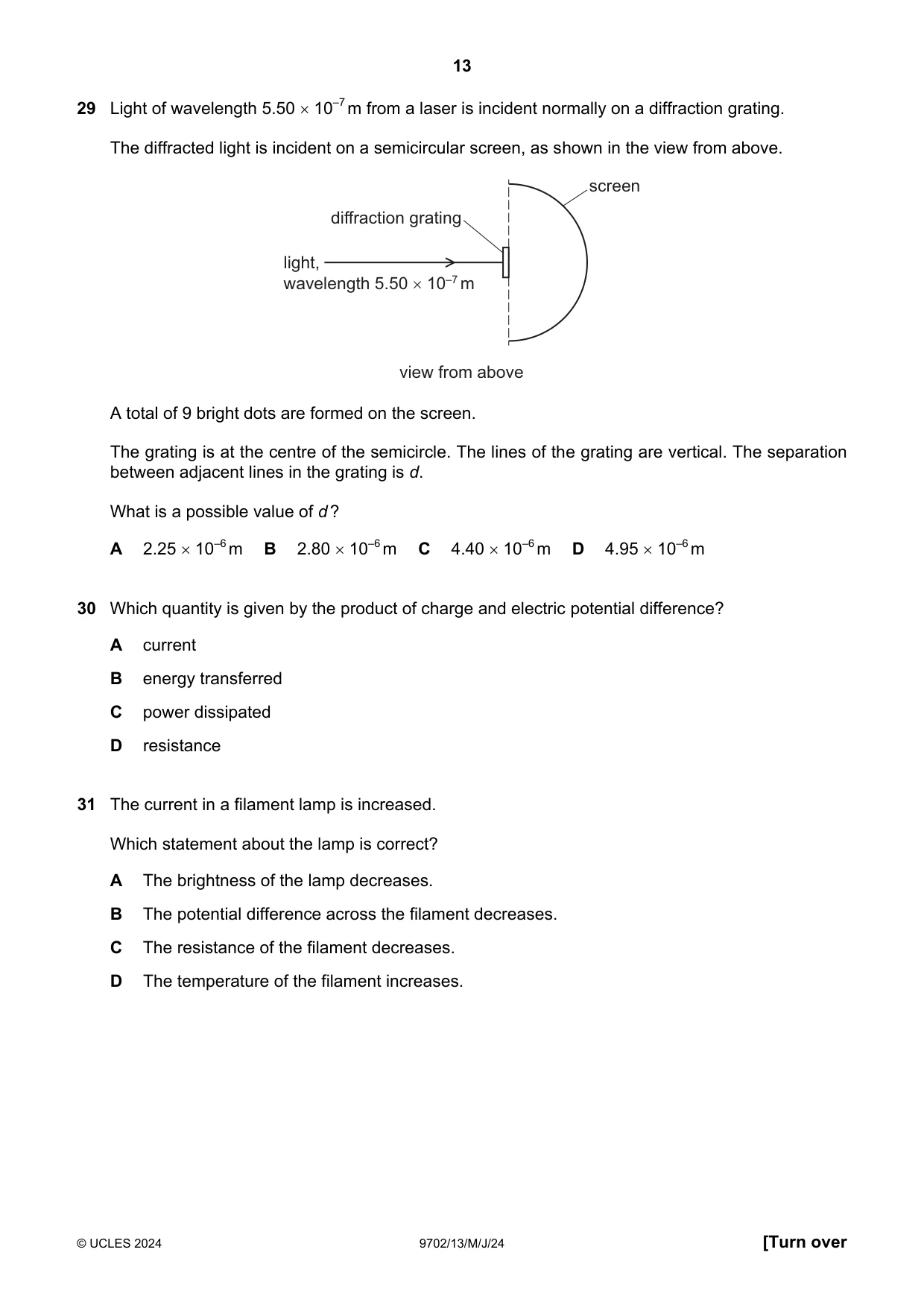 Cambridge A Level Physics 9702 2024 May/June Paper 1 · Variant 3 question paper, page 13 of 20