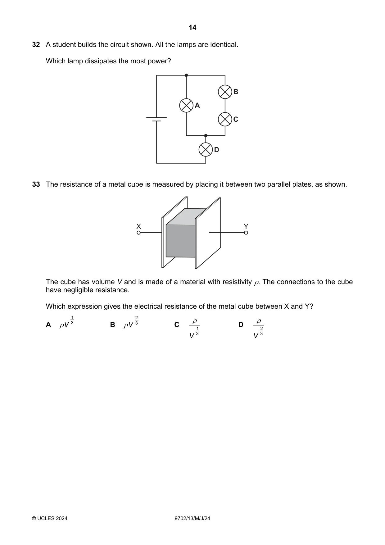Cambridge A Level Physics 9702 2024 May/June Paper 1 · Variant 3 question paper, page 14 of 20