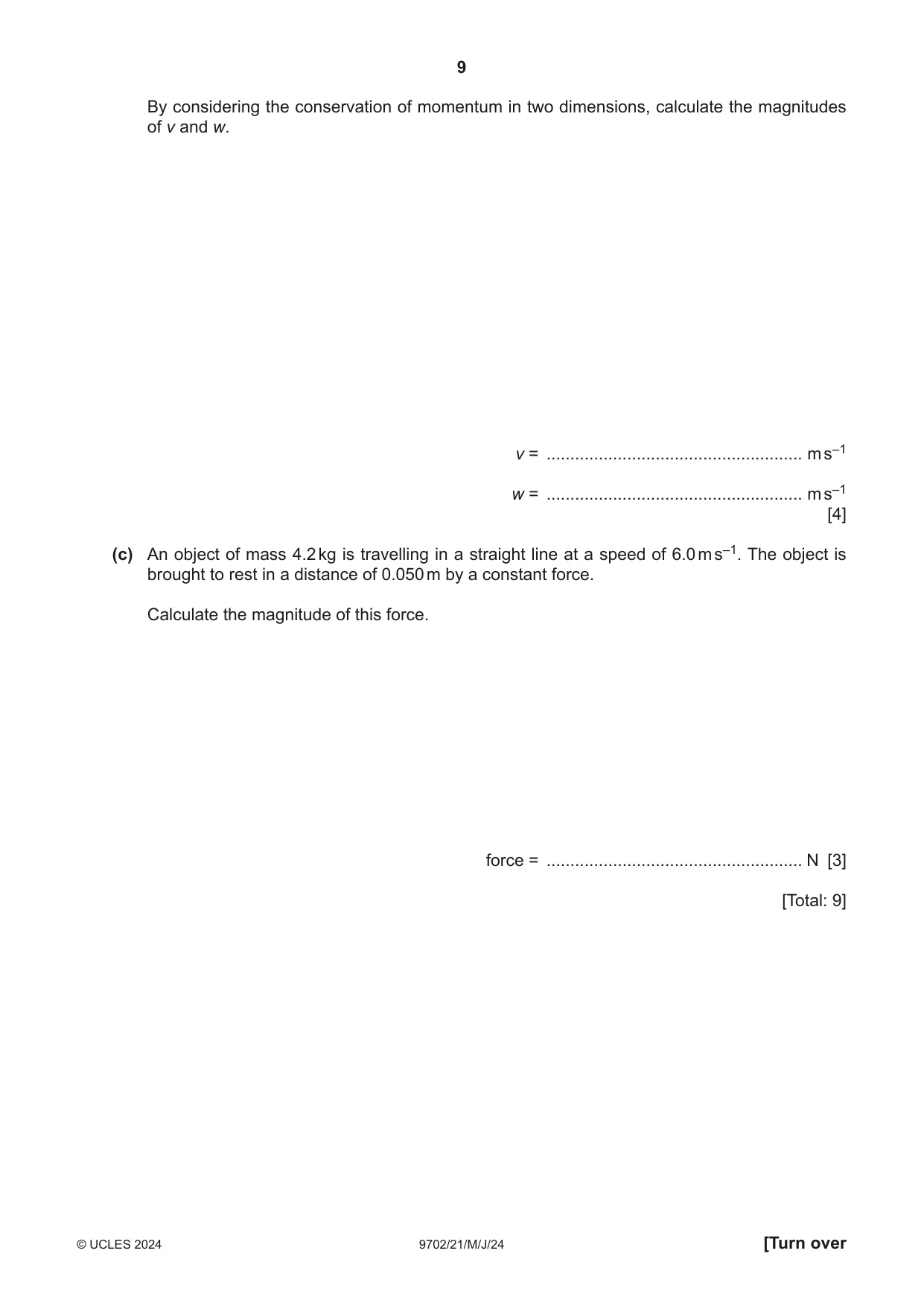 Cambridge A Level Physics 9702 2024 May/June Paper 2 · Variant 1 question paper, page 9 of 20
