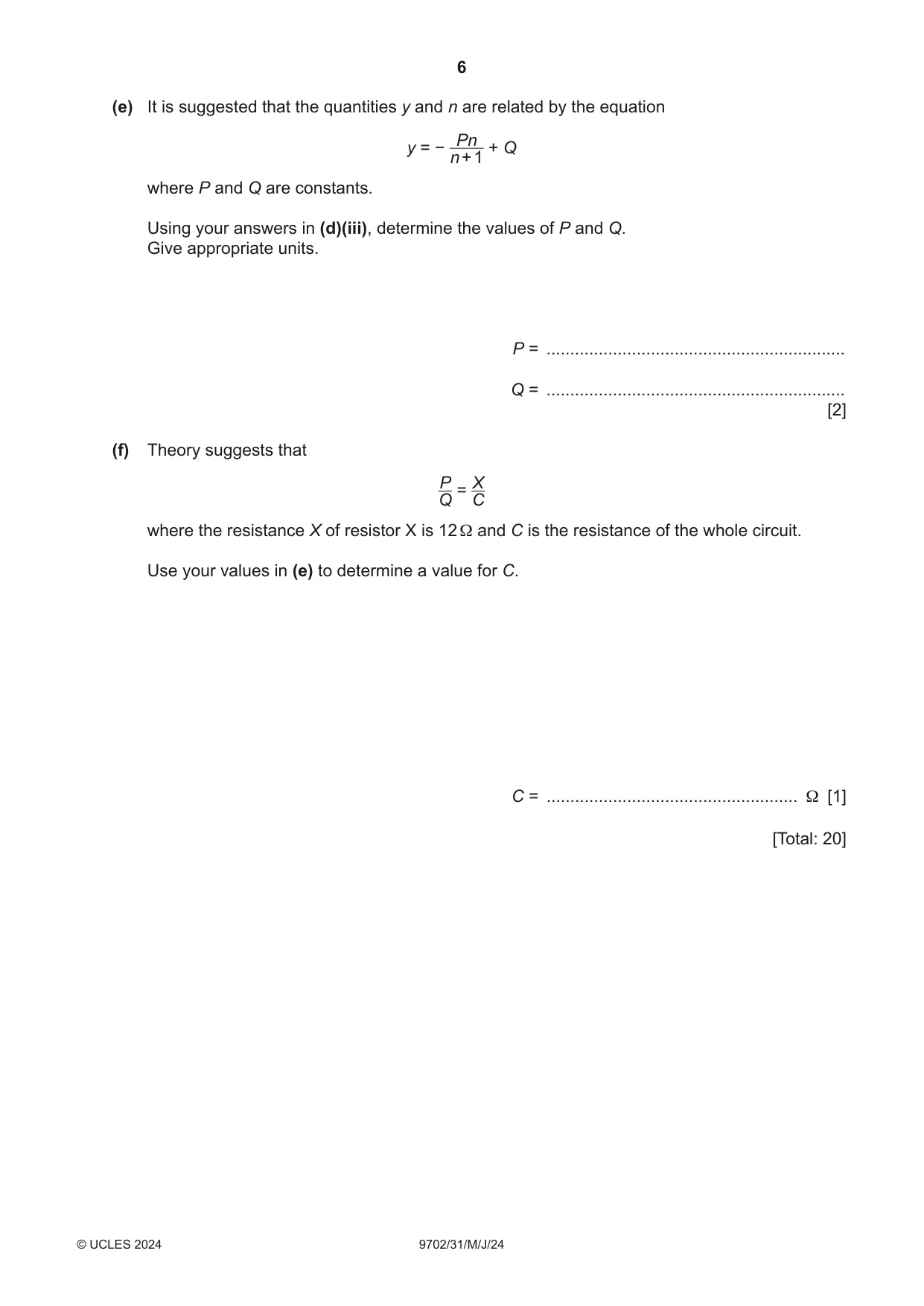 Cambridge A Level Physics 9702 2024 May/June Paper 3 · Variant 1 question paper, page 6 of 12