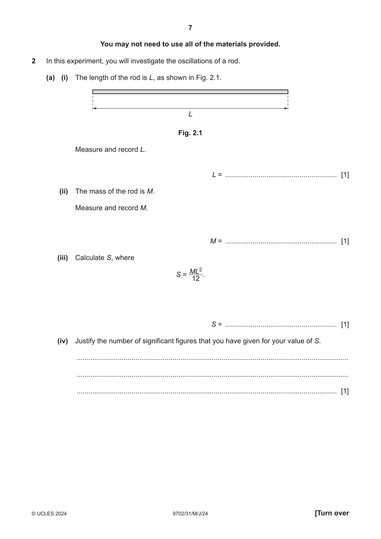 Cambridge A Level Physics 9702 2024 May/June Paper 3 · Variant 1 question paper, page 7 of 12
