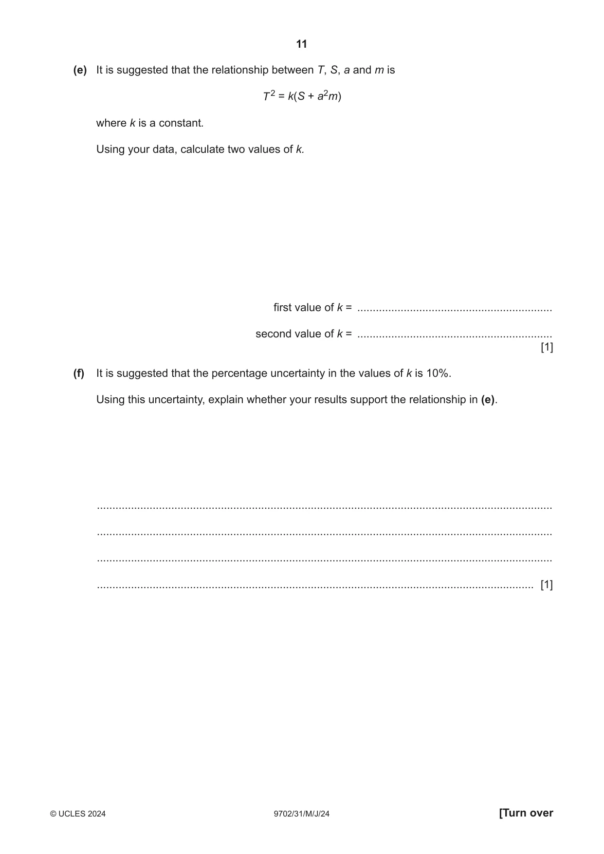 Cambridge A Level Physics 9702 2024 May/June Paper 3 · Variant 1 question paper, page 11 of 12