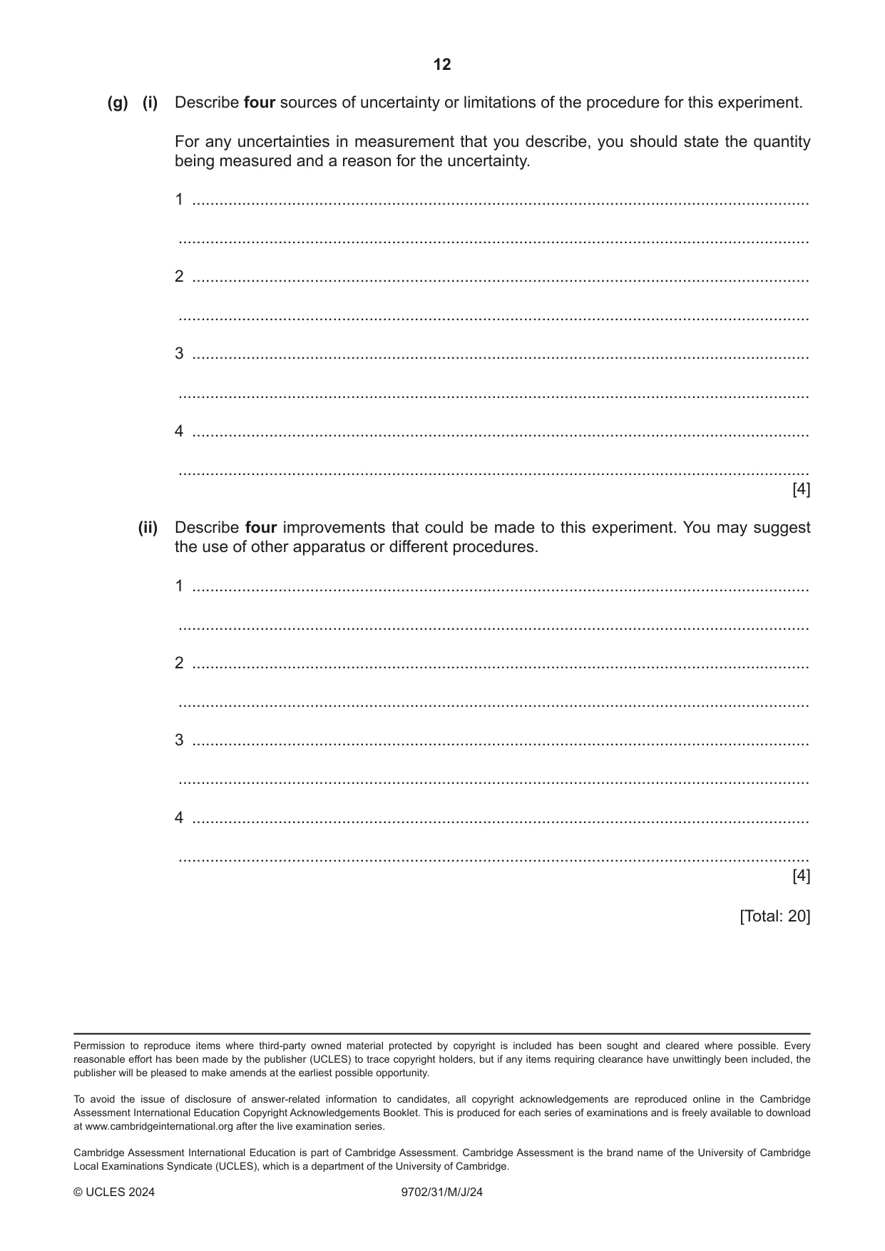 Cambridge A Level Physics 9702 2024 May/June Paper 3 · Variant 1 question paper, page 12 of 12
