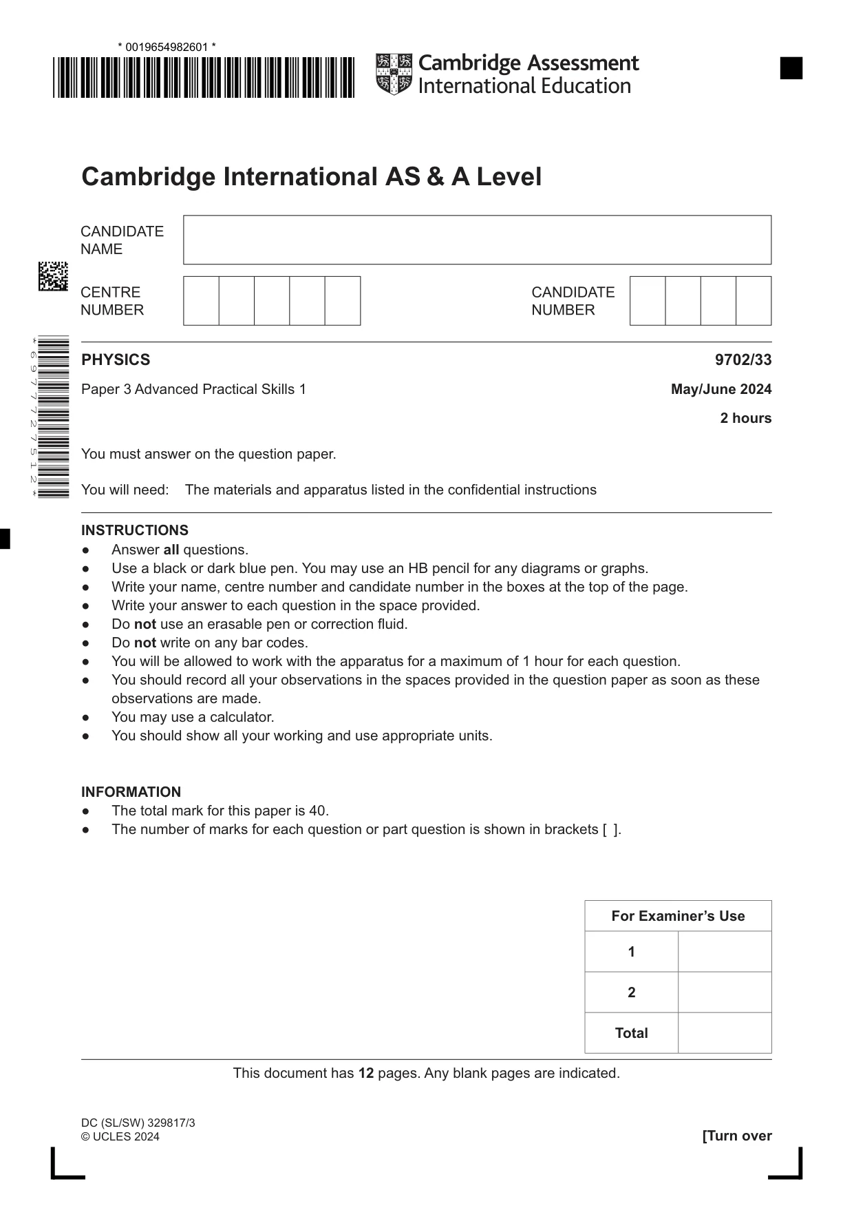 Cambridge A Level Physics 9702 2024 May/June Paper 3 · Variant 3 question paper, page 1 of 12