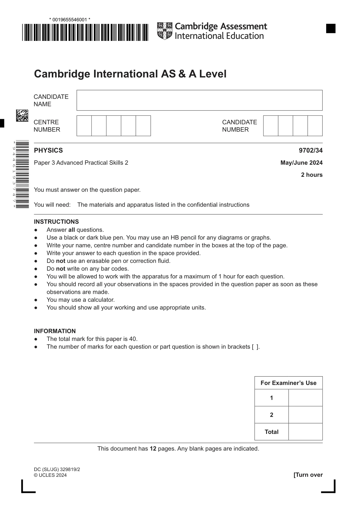 Cambridge A Level Physics 9702 2024 May/June Paper 3 · Variant 4 question paper, page 1 of 12