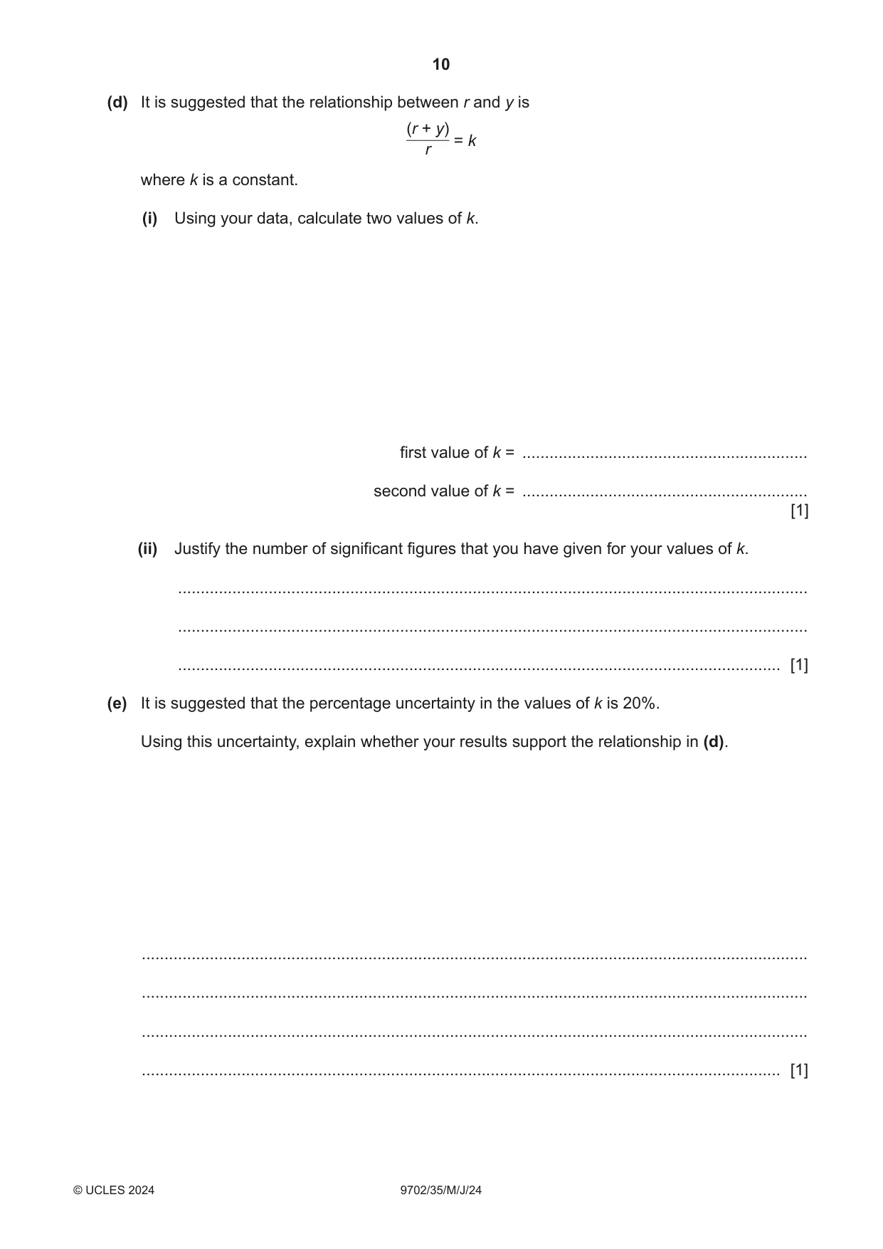 Cambridge A Level Physics 9702 2024 May/June Paper 3 · Variant 5 question paper, page 10 of 12