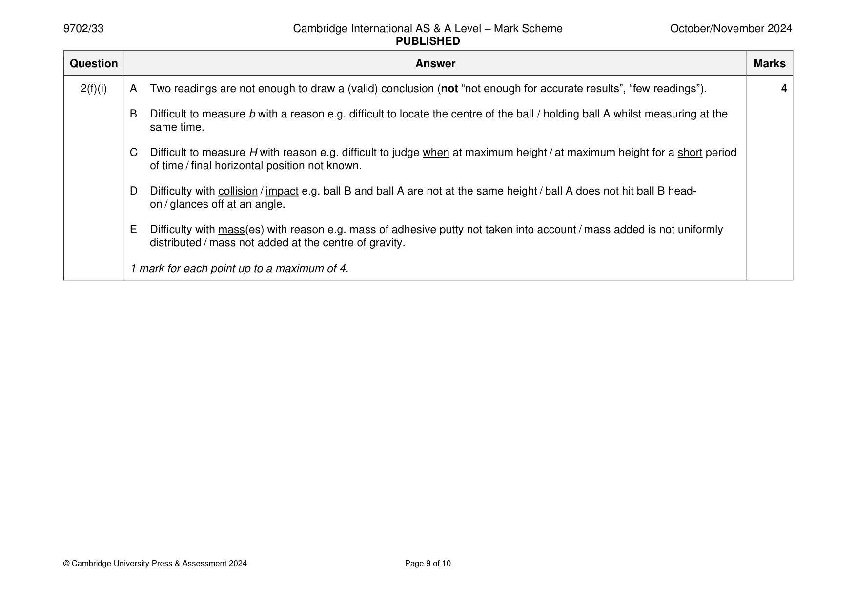Mark scheme, page 9 of 10