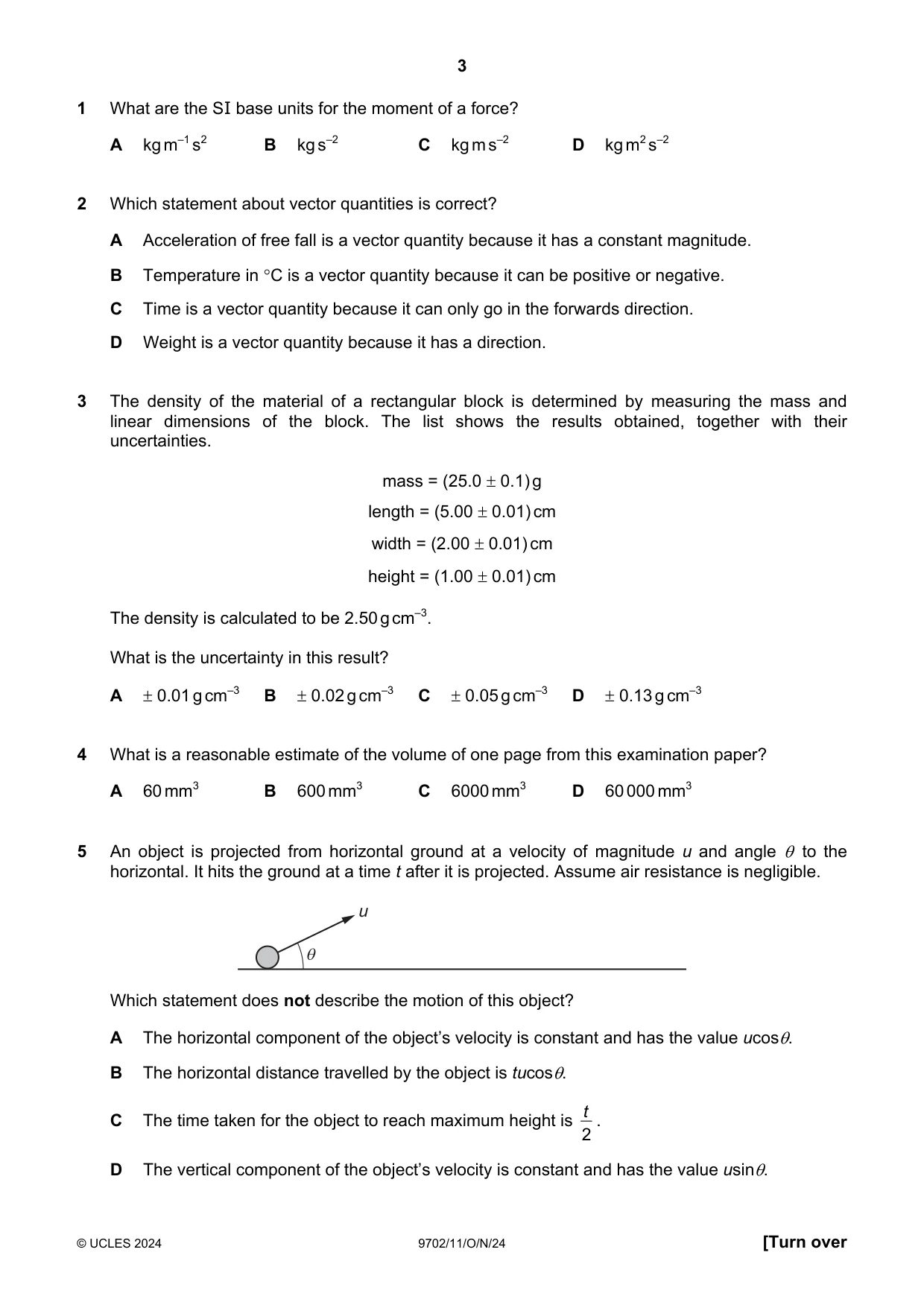 Cambridge A Level Physics 9702 2024 Oct/Nov Paper 1 · Variant 1 question paper, page 3 of 16