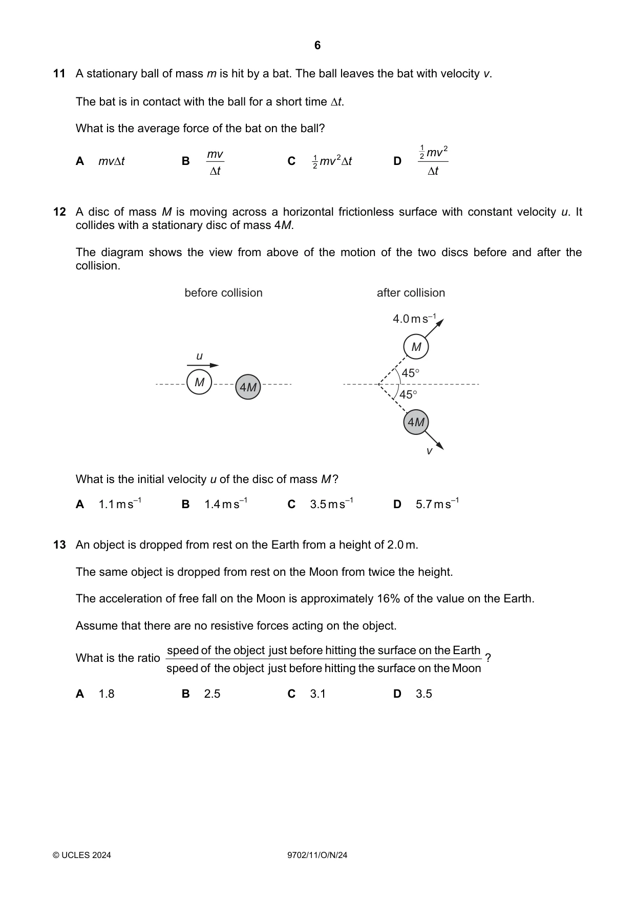 Cambridge A Level Physics 9702 2024 Oct/Nov Paper 1 · Variant 1 question paper, page 6 of 16