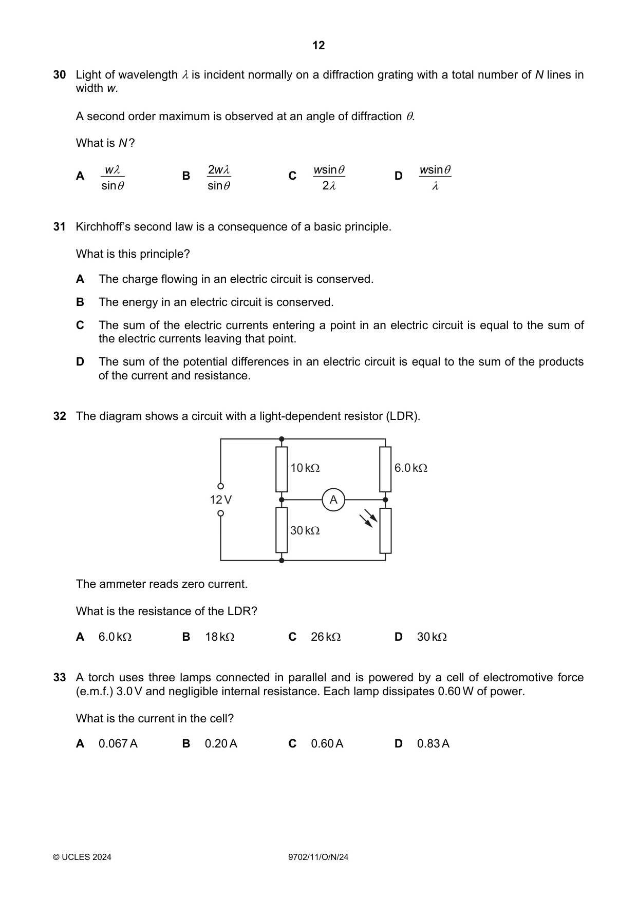 Cambridge A Level Physics 9702 2024 Oct/Nov Paper 1 · Variant 1 question paper, page 12 of 16