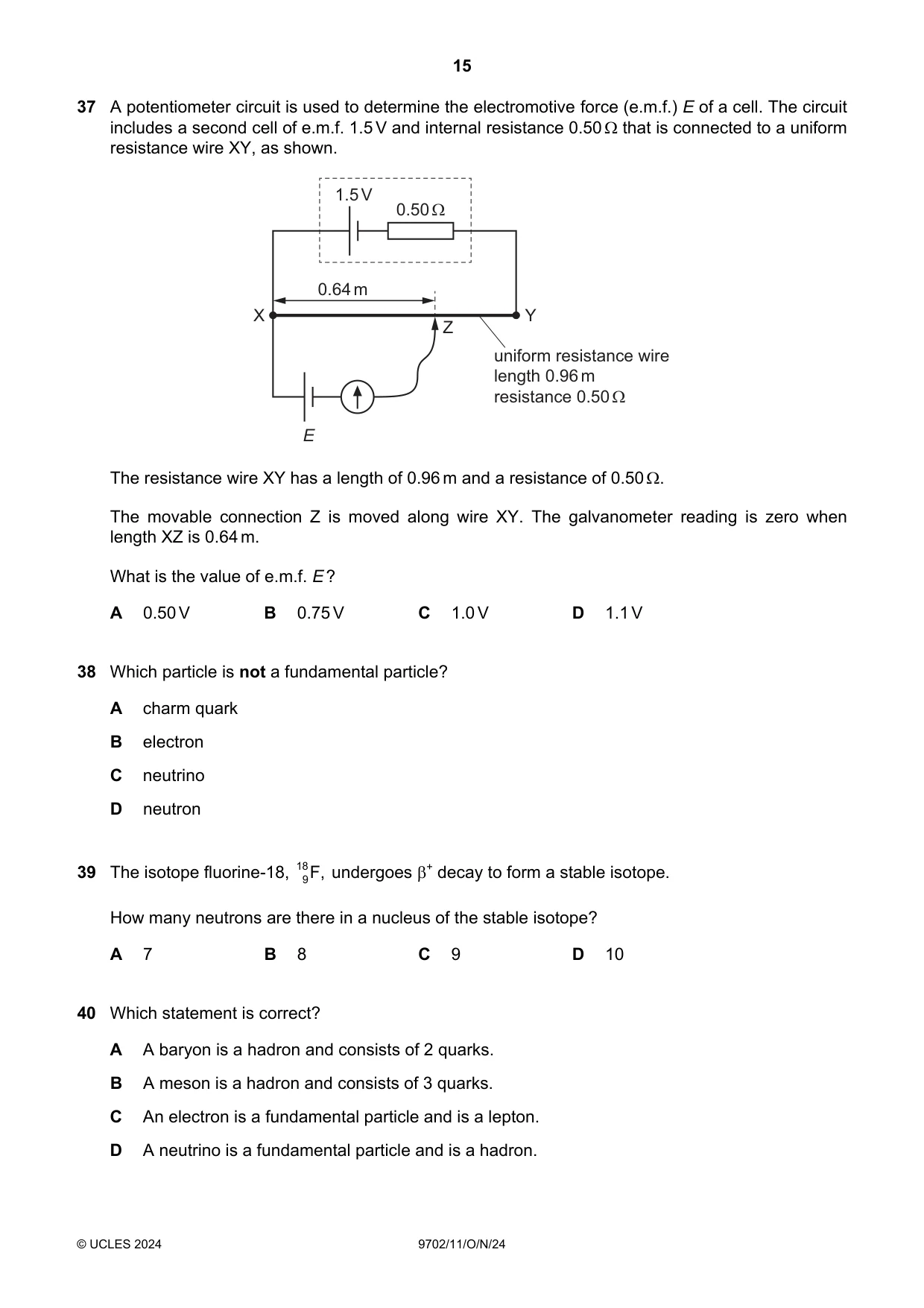 Cambridge A Level Physics 9702 2024 Oct/Nov Paper 1 · Variant 1 question paper, page 15 of 16