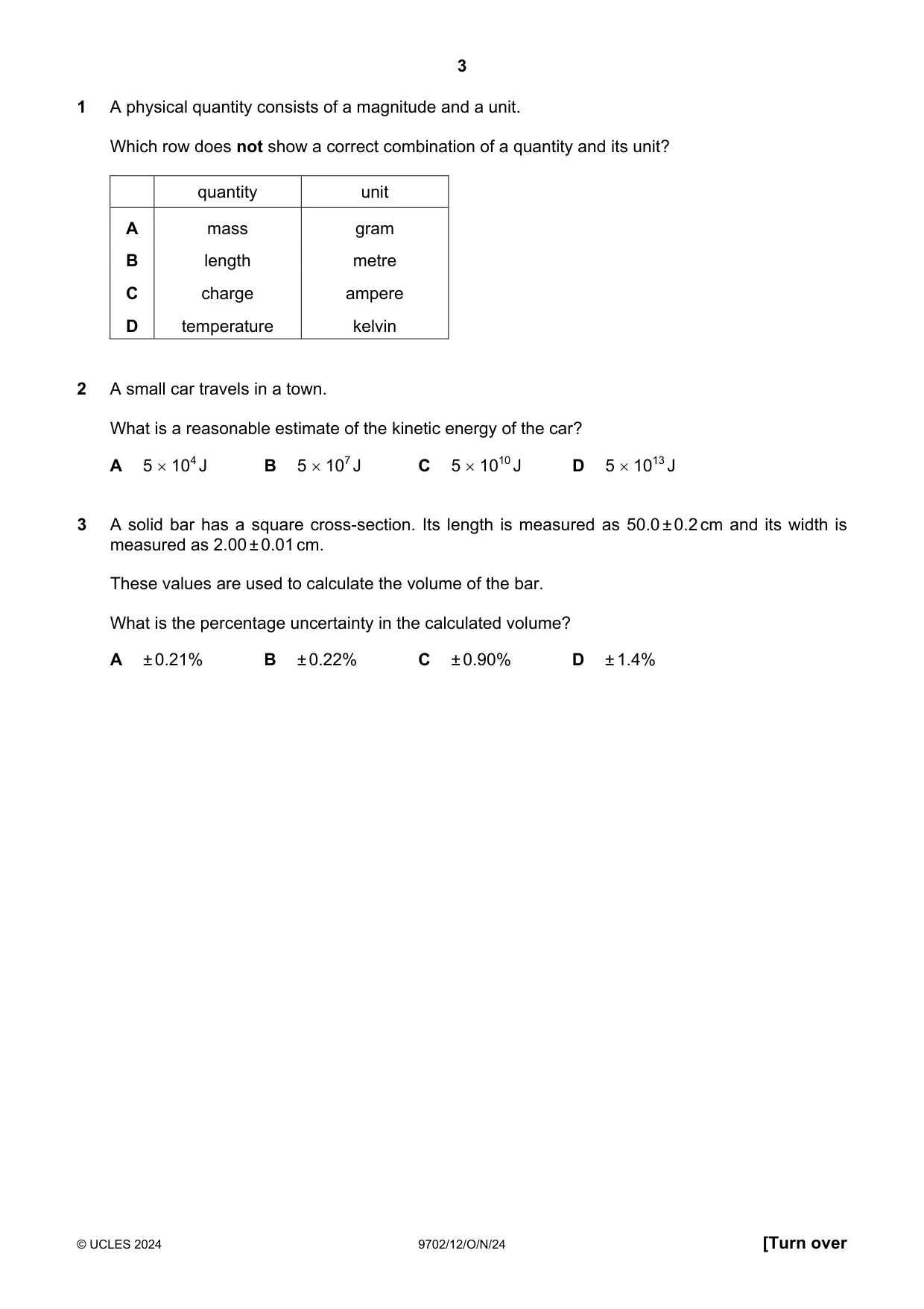 Cambridge A Level Physics 9702 2024 Oct/Nov Paper 1 · Variant 2 question paper, page 3 of 20