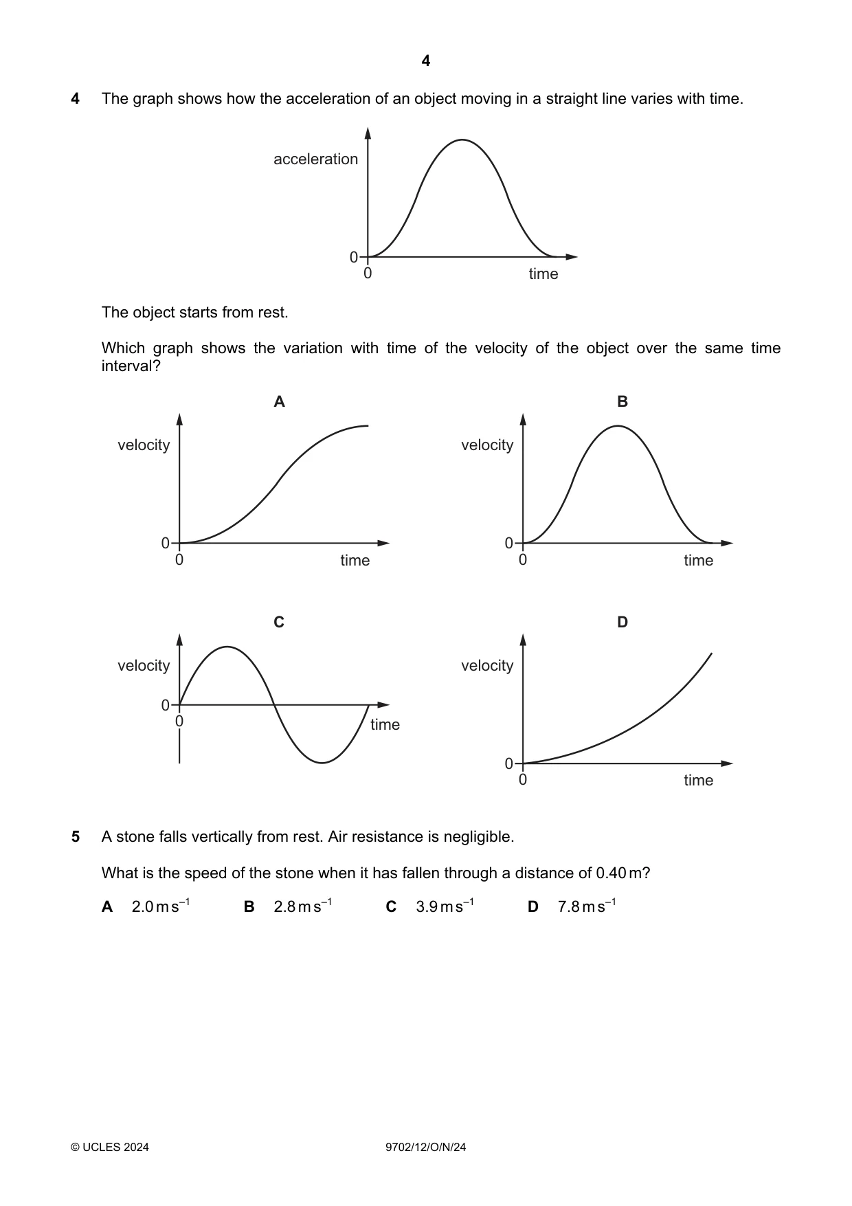 Cambridge A Level Physics 9702 2024 Oct/Nov Paper 1 · Variant 2 question paper, page 4 of 20
