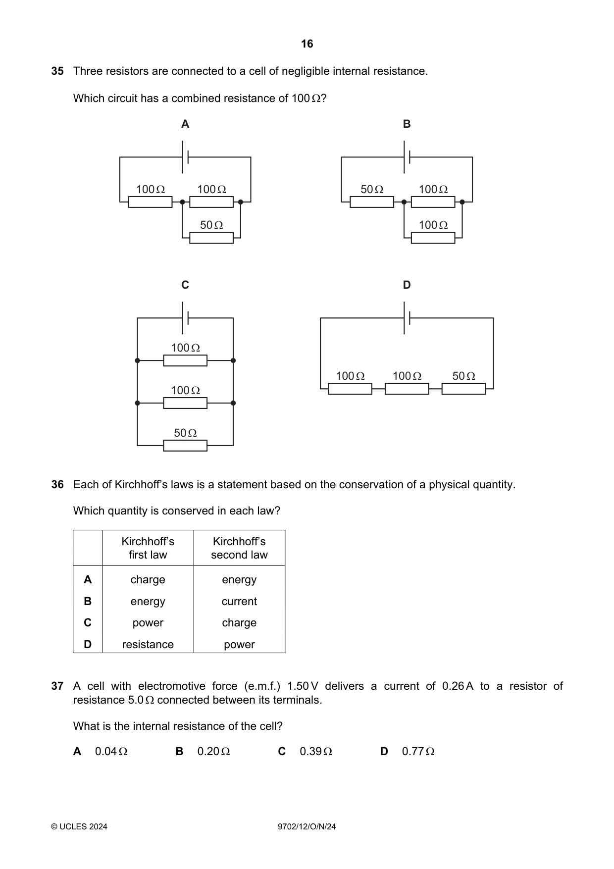 Cambridge A Level Physics 9702 2024 Oct/Nov Paper 1 · Variant 2 question paper, page 16 of 20