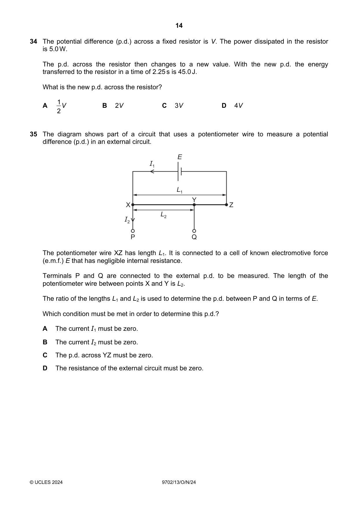 Cambridge A Level Physics 9702 2024 Oct/Nov Paper 1 · Variant 3 question paper, page 14 of 16