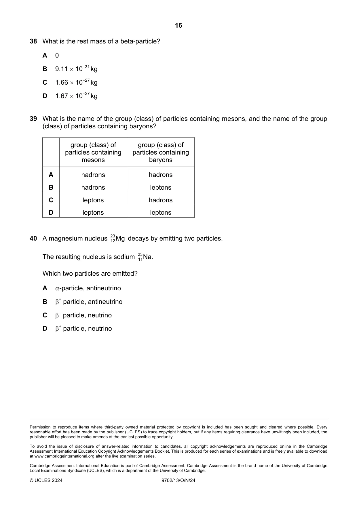 Cambridge A Level Physics 9702 2024 Oct/Nov Paper 1 · Variant 3 question paper, page 16 of 16