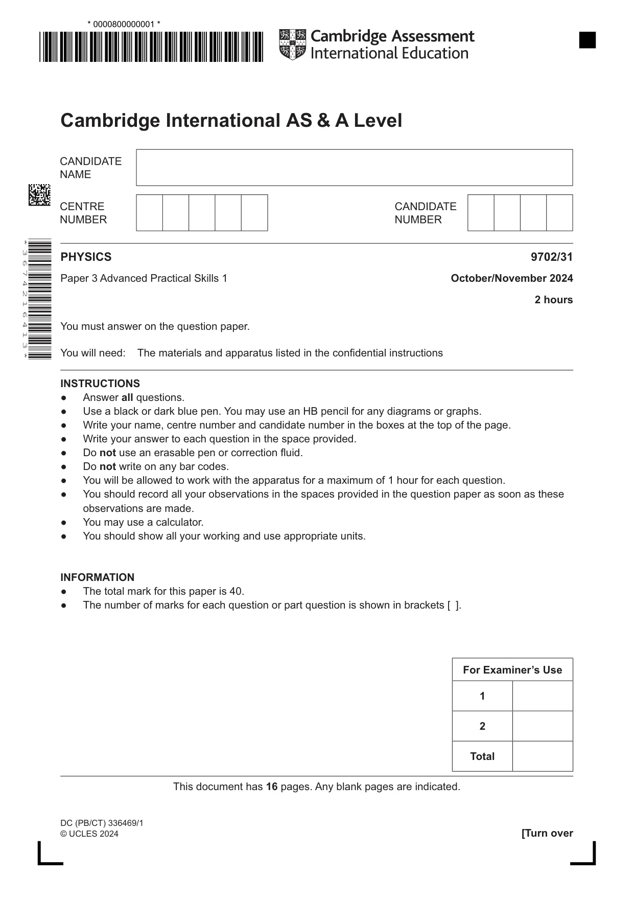 Cambridge A Level Physics 9702 2024 Oct/Nov Paper 3 · Variant 1 question paper, page 1 of 16