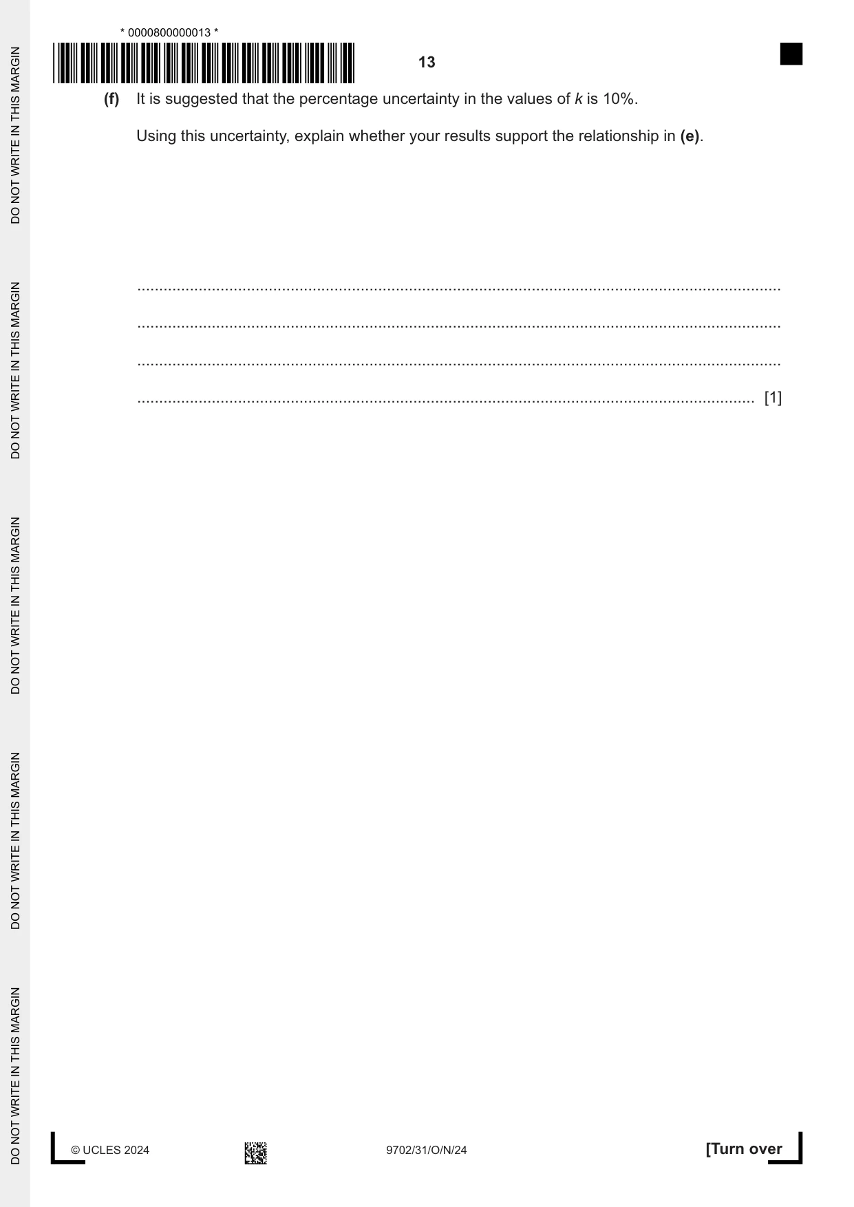 Cambridge A Level Physics 9702 2024 Oct/Nov Paper 3 · Variant 1 question paper, page 13 of 16