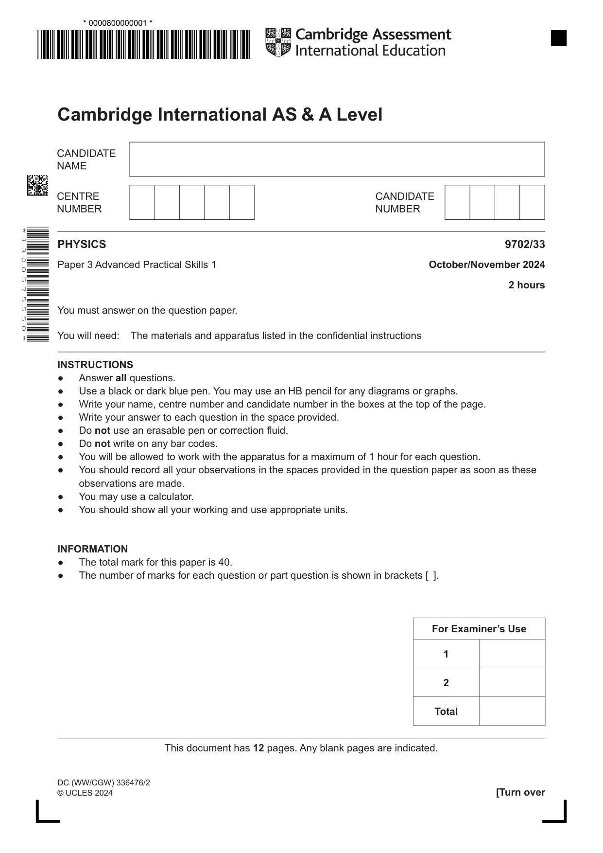 Cambridge A Level Physics 9702 2024 Oct/Nov Paper 3 · Variant 3 question paper, page 1 of 12