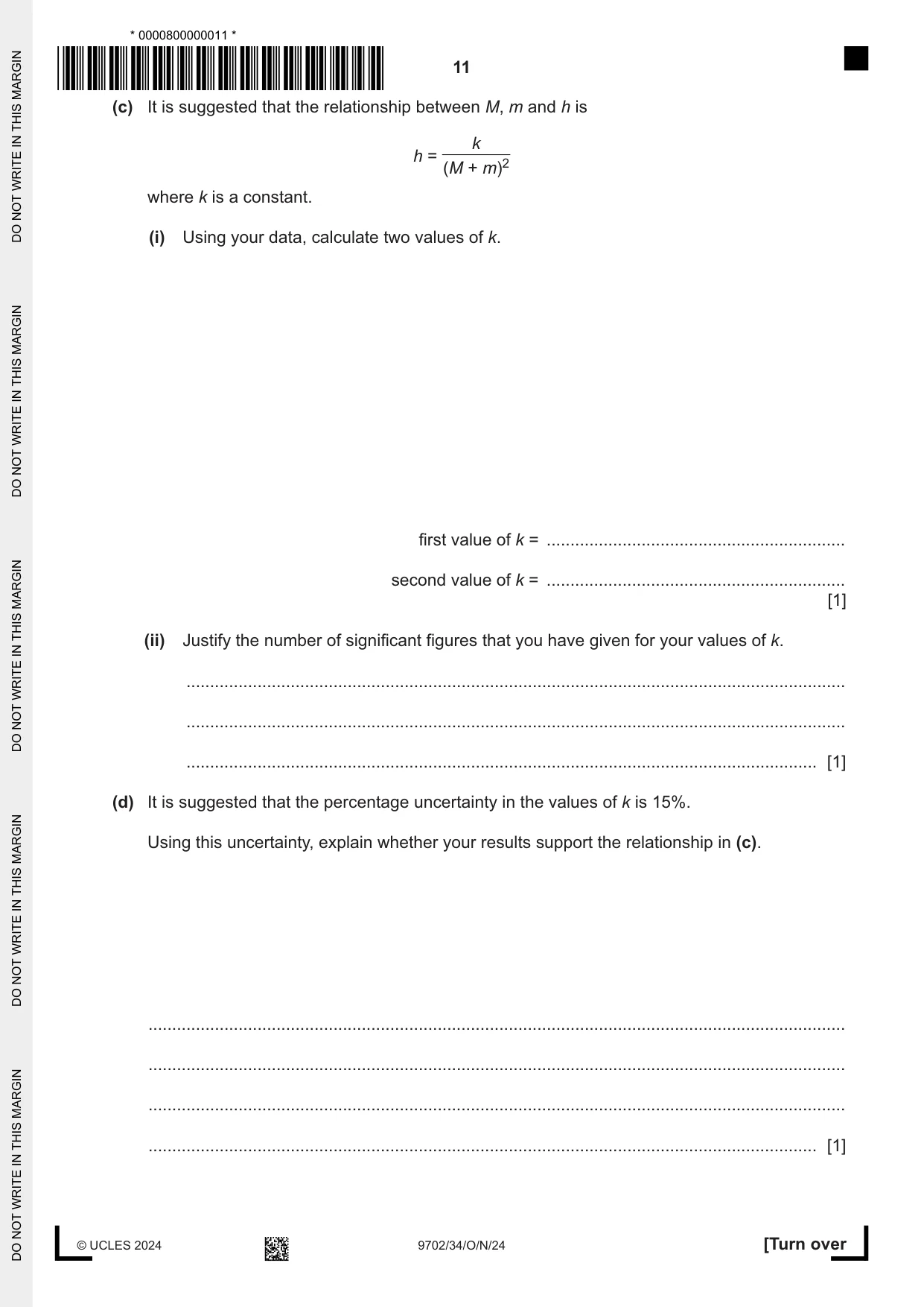 Cambridge A Level Physics 9702 2024 Oct/Nov Paper 3 · Variant 4 question paper, page 11 of 12