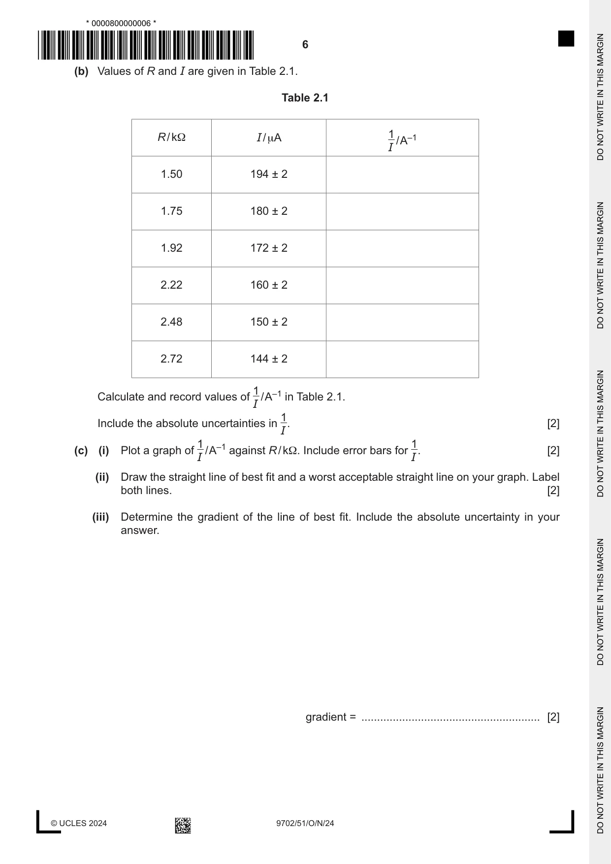 Cambridge A Level Physics 9702 2024 Oct/Nov Paper 5 · Variant 1 question paper, page 6 of 8