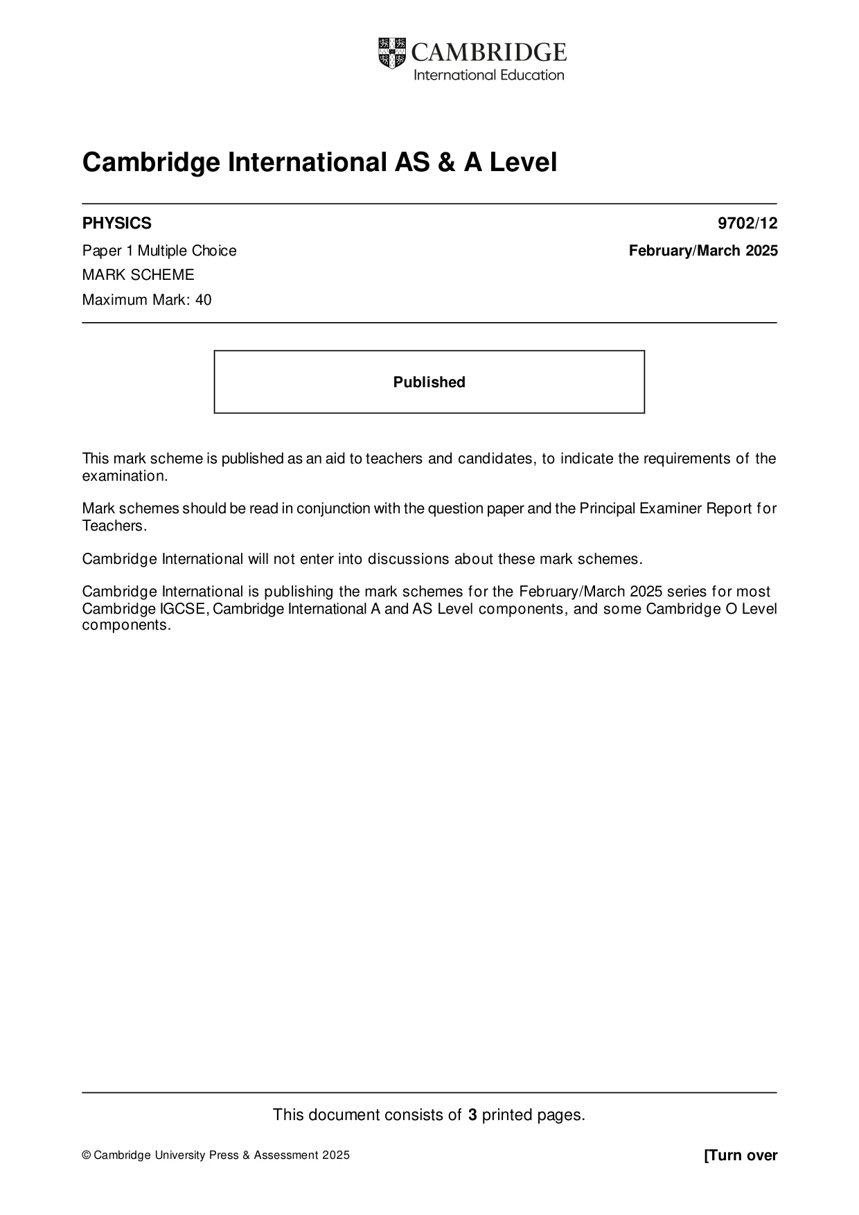 Mark scheme, page 1 of 3