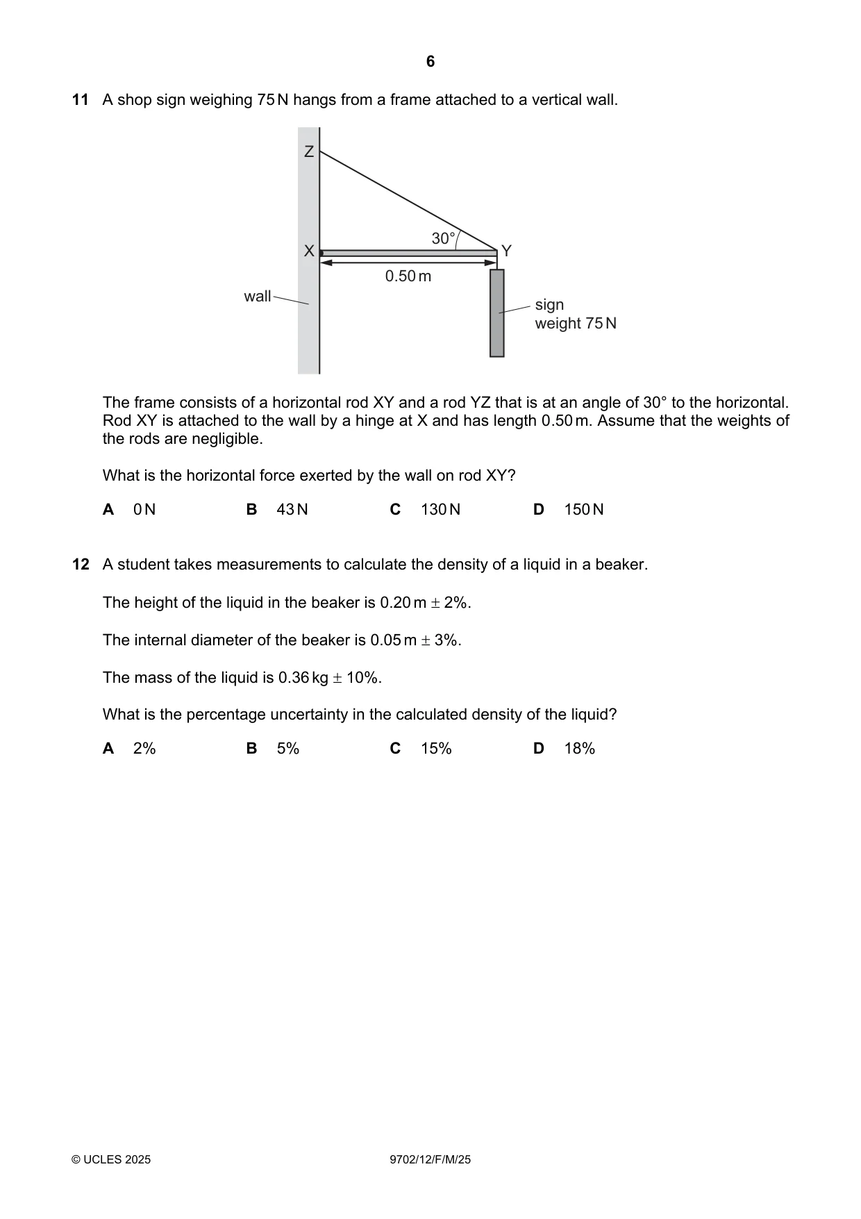Cambridge A Level Physics 9702 2025 Feb/March Paper 1 · Variant 2 question paper, page 6 of 16
