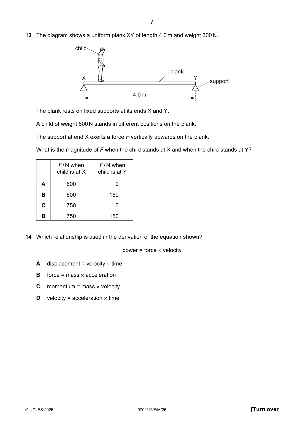 Cambridge A Level Physics 9702 2025 Feb/March Paper 1 · Variant 2 question paper, page 7 of 16