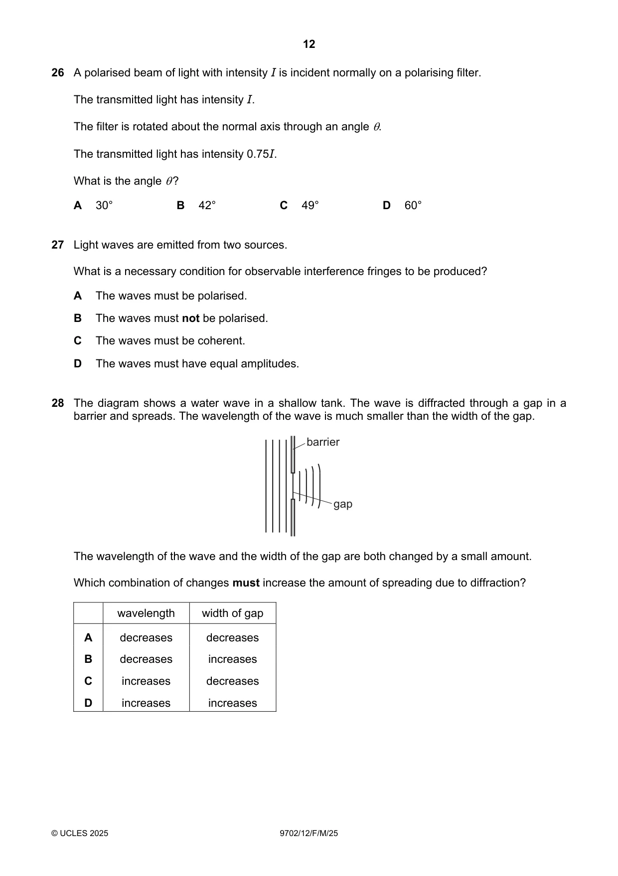 Cambridge A Level Physics 9702 2025 Feb/March Paper 1 · Variant 2 question paper, page 12 of 16