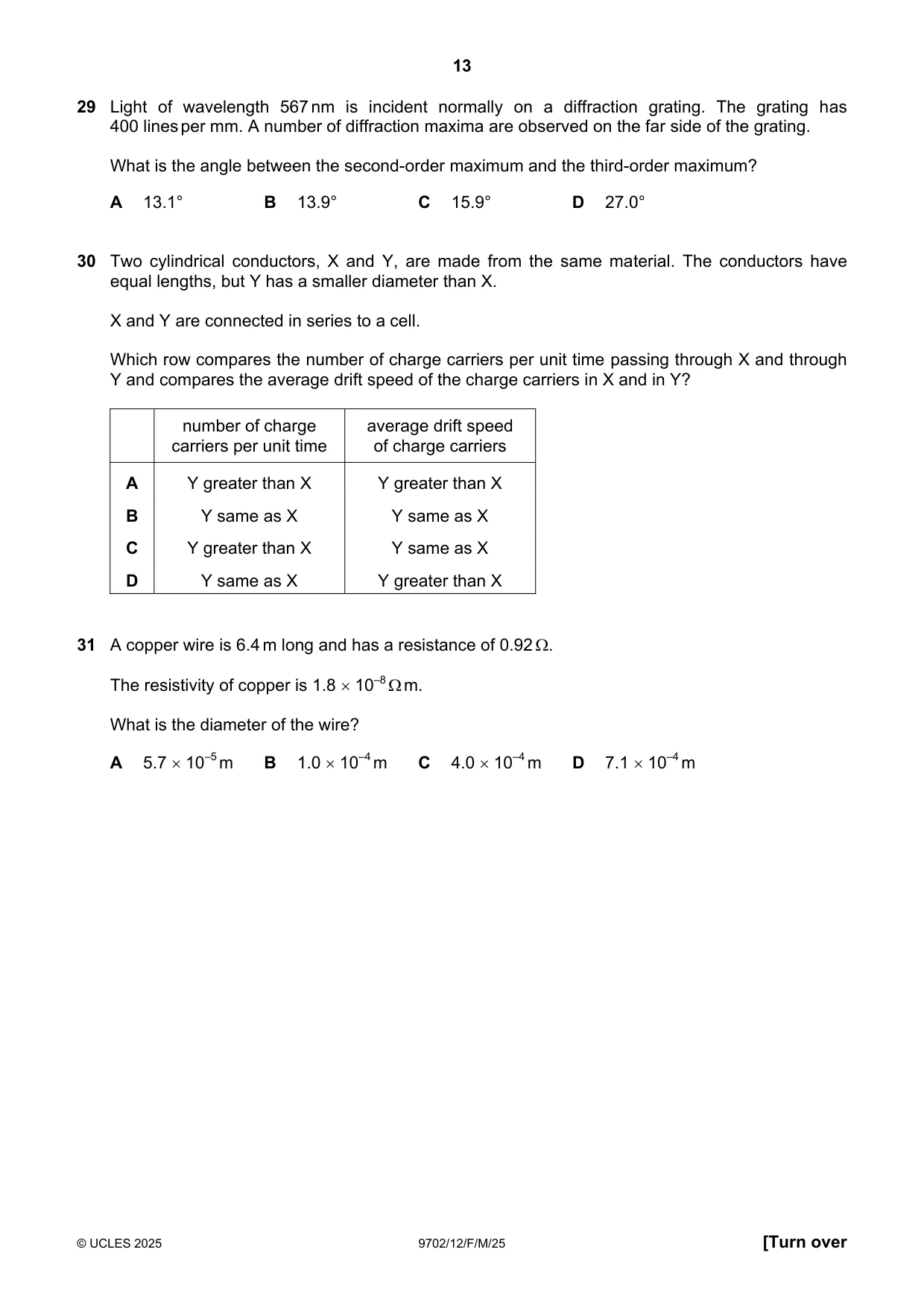 Cambridge A Level Physics 9702 2025 Feb/March Paper 1 · Variant 2 question paper, page 13 of 16