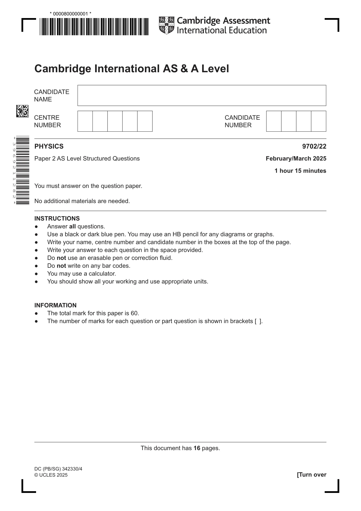 Cambridge A Level Physics 9702 2025 Feb/March Paper 2 · Variant 2 question paper, page 1 of 16