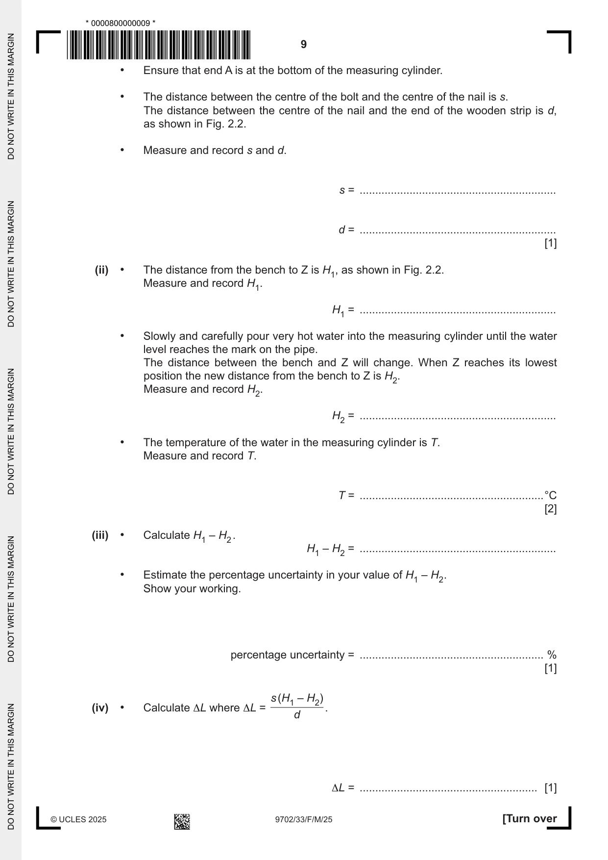 Cambridge A Level Physics 9702 2025 Feb/March Paper 3 · Variant 3 question paper, page 9 of 12