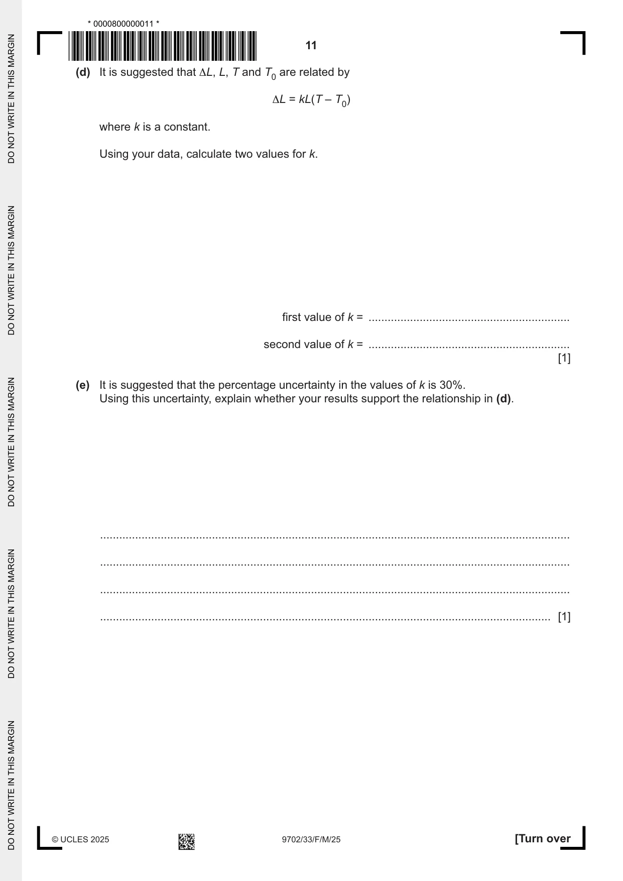 Cambridge A Level Physics 9702 2025 Feb/March Paper 3 · Variant 3 question paper, page 11 of 12