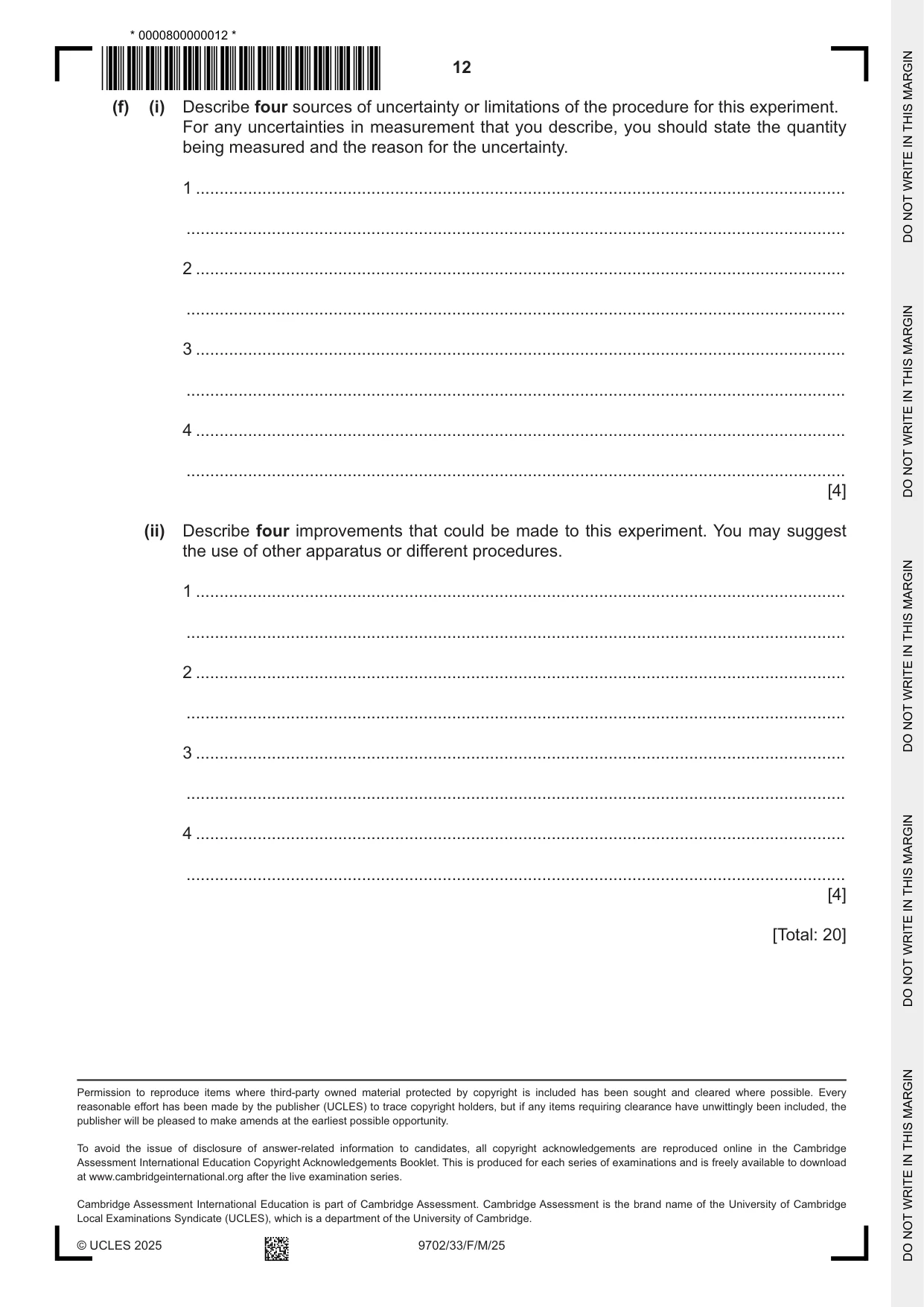 Cambridge A Level Physics 9702 2025 Feb/March Paper 3 · Variant 3 question paper, page 12 of 12