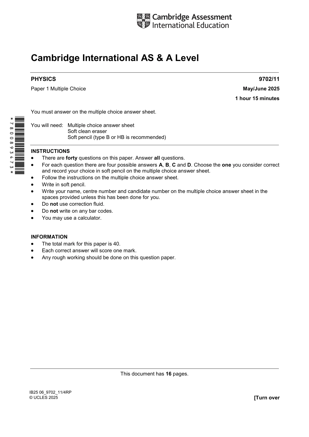 Cambridge A Level Physics 9702 2025 May/June Paper 1 · Variant 1 question paper, page 1 of 16