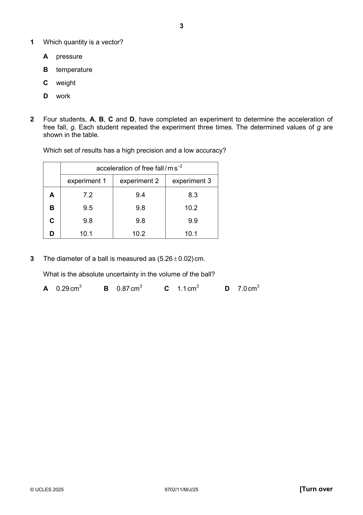 Cambridge A Level Physics 9702 2025 May/June Paper 1 · Variant 1 question paper, page 3 of 16