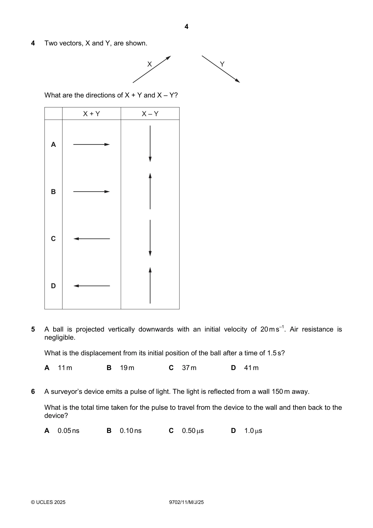 Cambridge A Level Physics 9702 2025 May/June Paper 1 · Variant 1 question paper, page 4 of 16