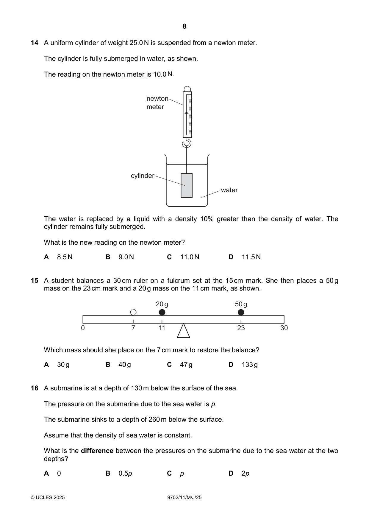 Cambridge A Level Physics 9702 2025 May/June Paper 1 · Variant 1 question paper, page 8 of 16