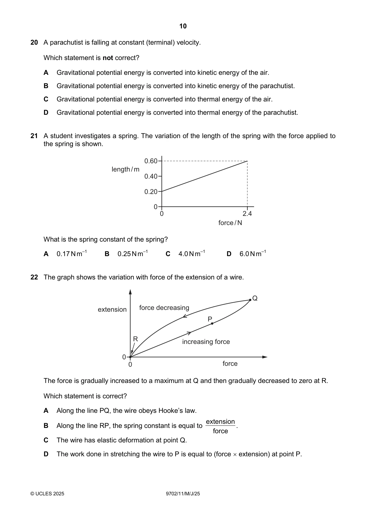 Cambridge A Level Physics 9702 2025 May/June Paper 1 · Variant 1 question paper, page 10 of 16