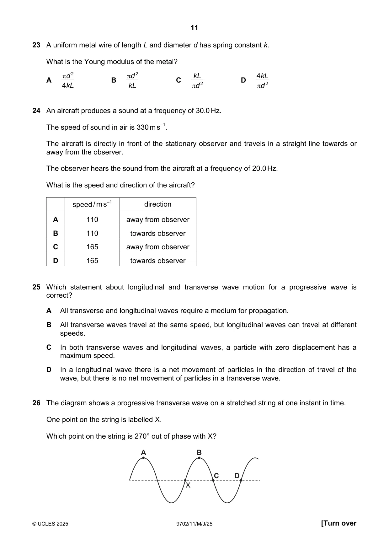 Cambridge A Level Physics 9702 2025 May/June Paper 1 · Variant 1 question paper, page 11 of 16