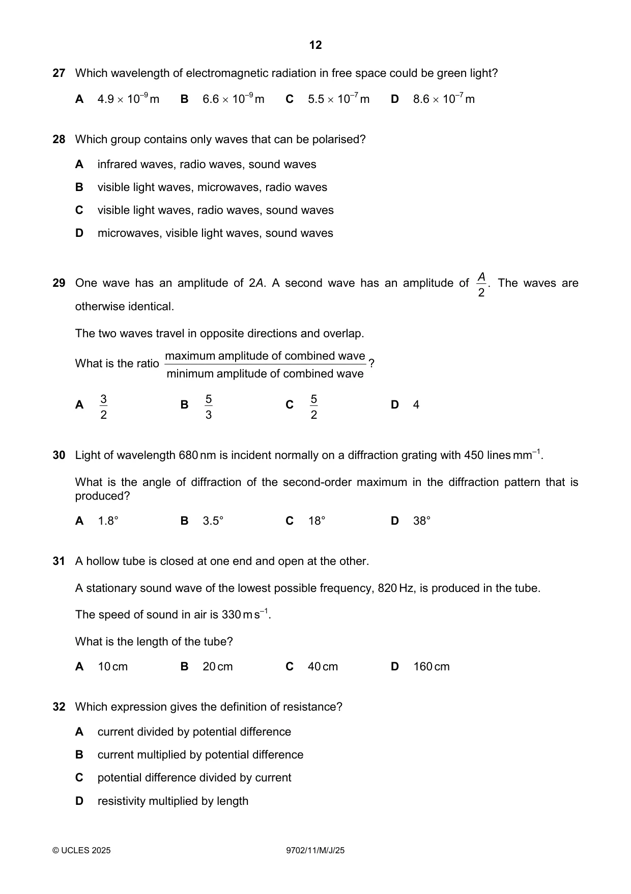 Cambridge A Level Physics 9702 2025 May/June Paper 1 · Variant 1 question paper, page 12 of 16